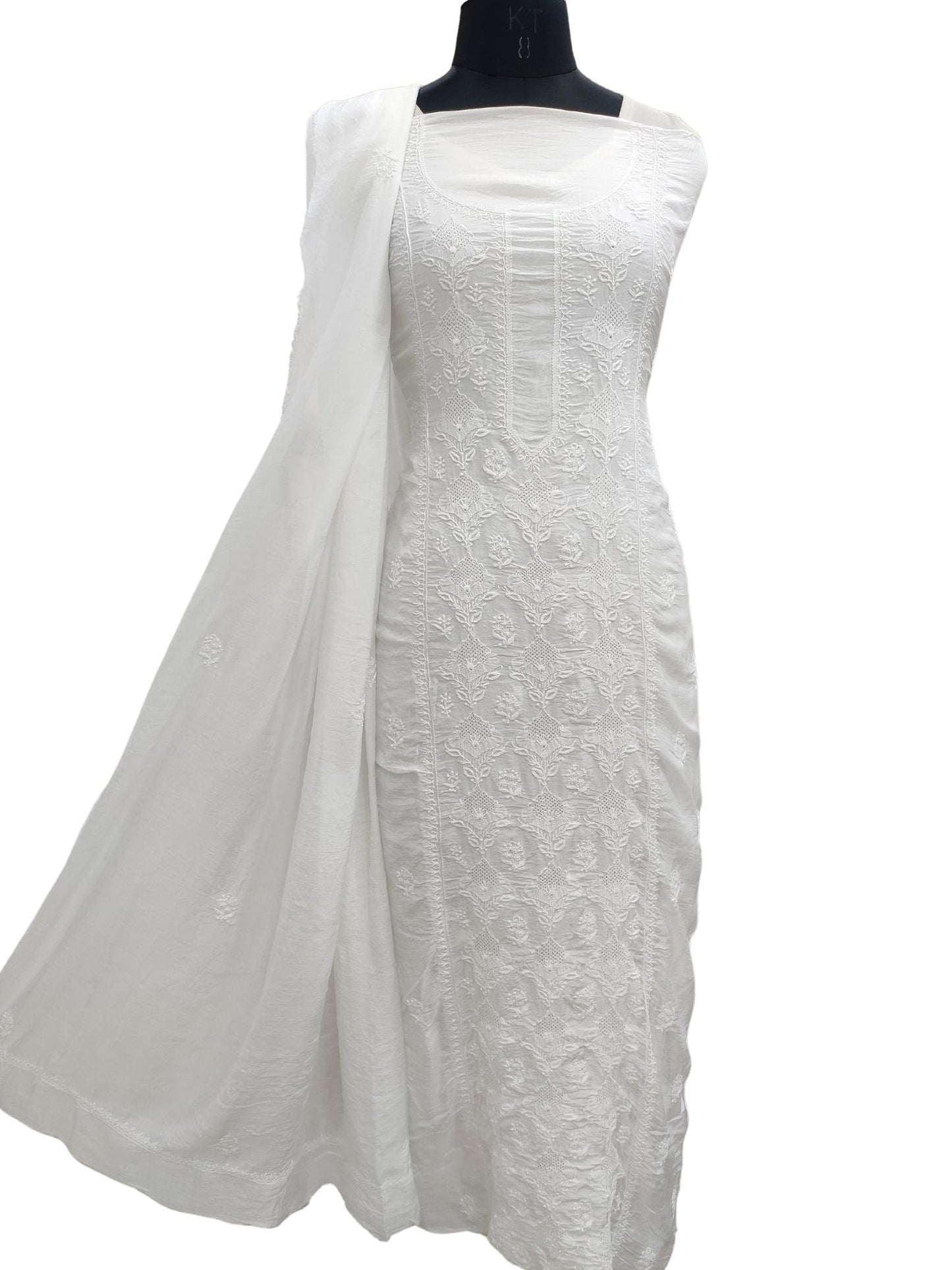 Shyamal Chikan Hand Embroidered White Muslin Lucknowi Chikankari Unstitched Suit Piece With Jaali Work ( Set of 2 ) - S20937