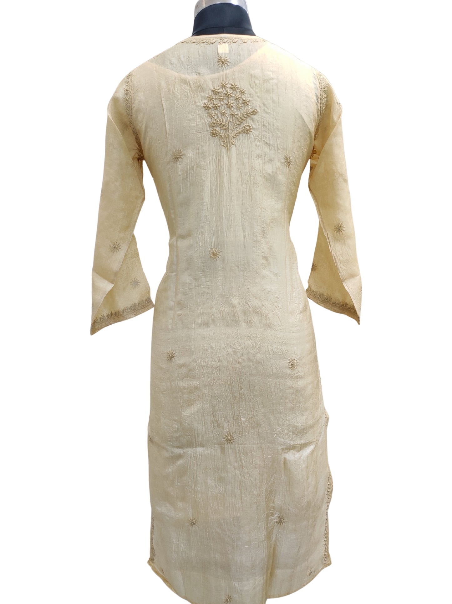 Shyamal Chikan Hand Embroidered Beige Pure Tusser Silk Lucknowi Chikankari Kurti- S27019