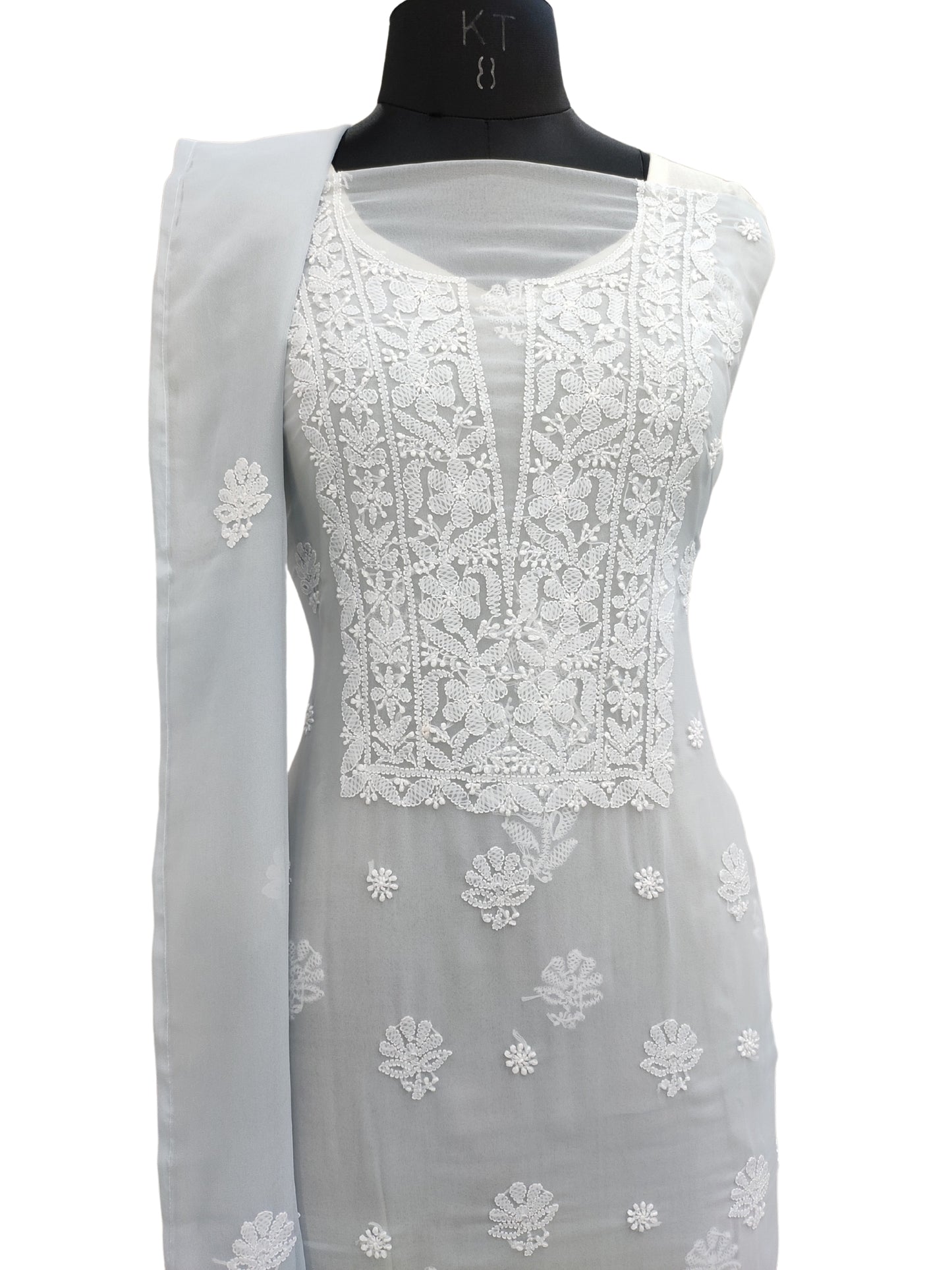 Shyamal Chikan Hand Embroidered Grey Georgette Lucknowi Chikankari Unstitched Suit Piece - S26633