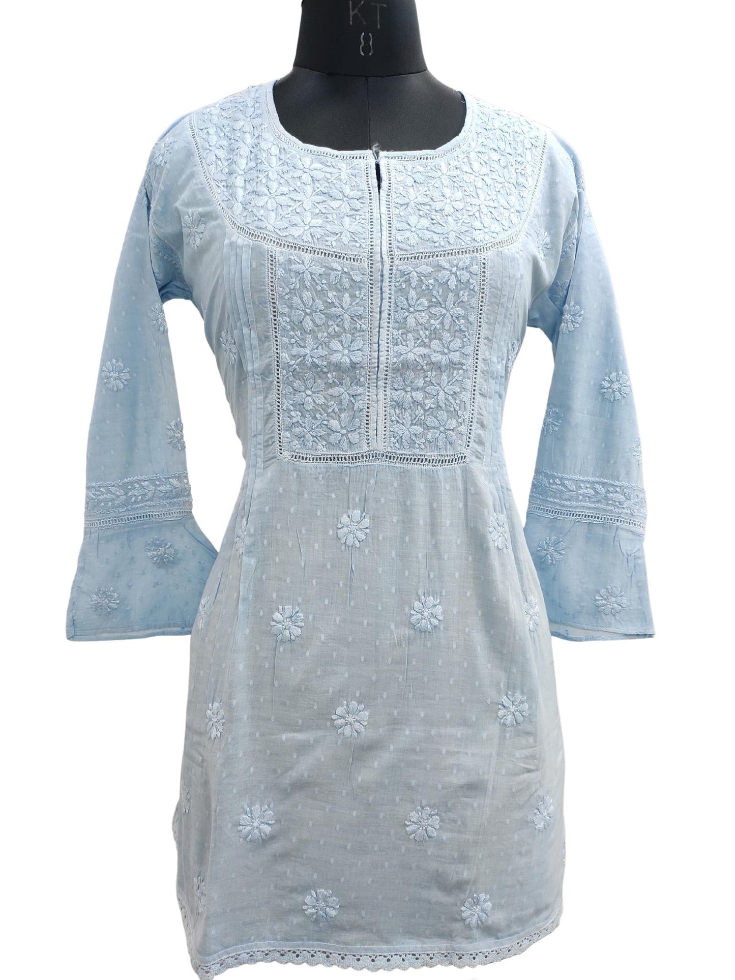 Shyamal Chikan Hand Embroidered Blue Cotton Lucknowi Chikankari Short Top - 20391