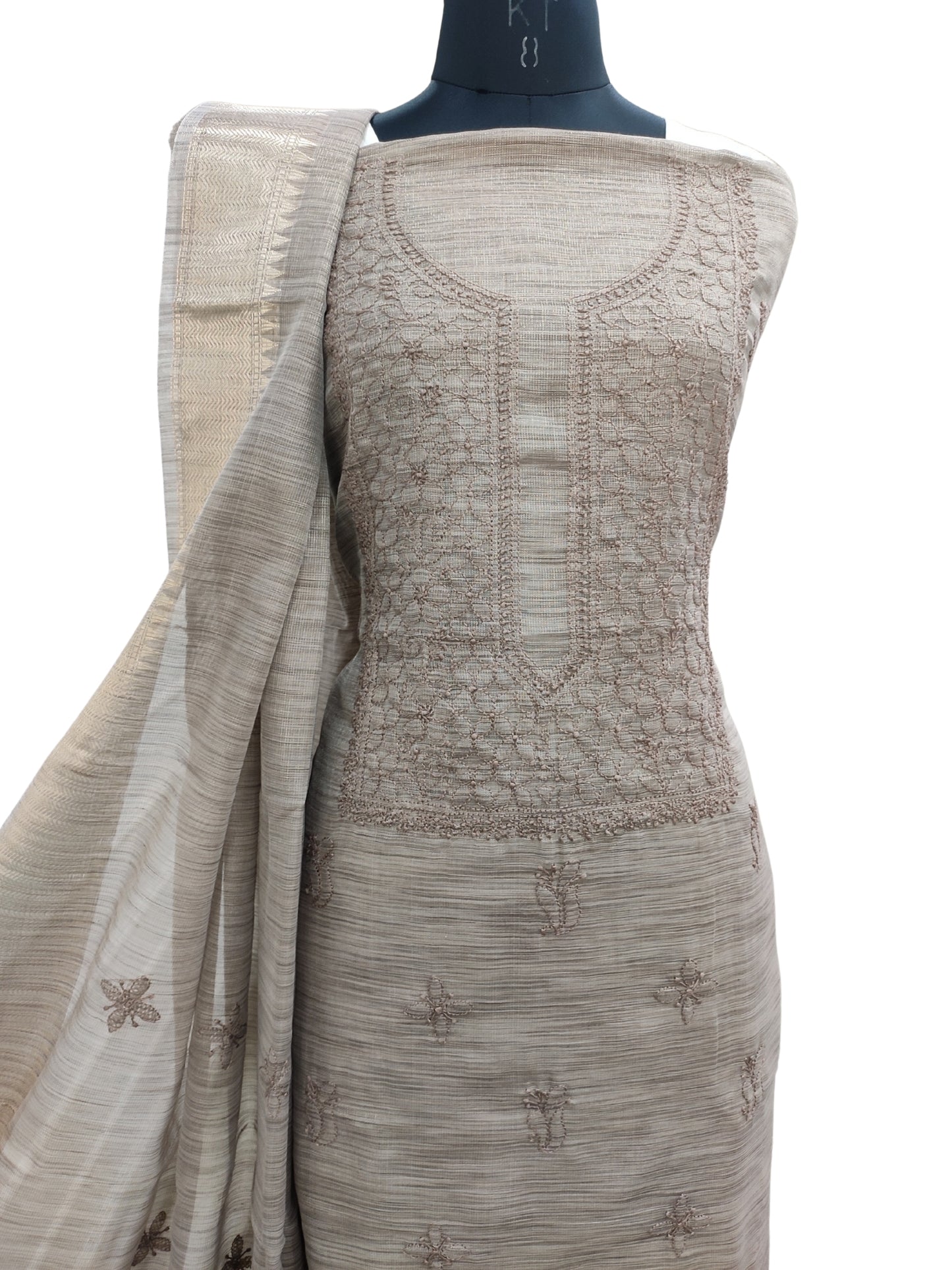 Shyamal Chikan Hand Embroidered Beige Banarasi Tissue Lucknowi Chikankari Unstitched Suit Piece ( Kurta Dupatta Set ) - S26353