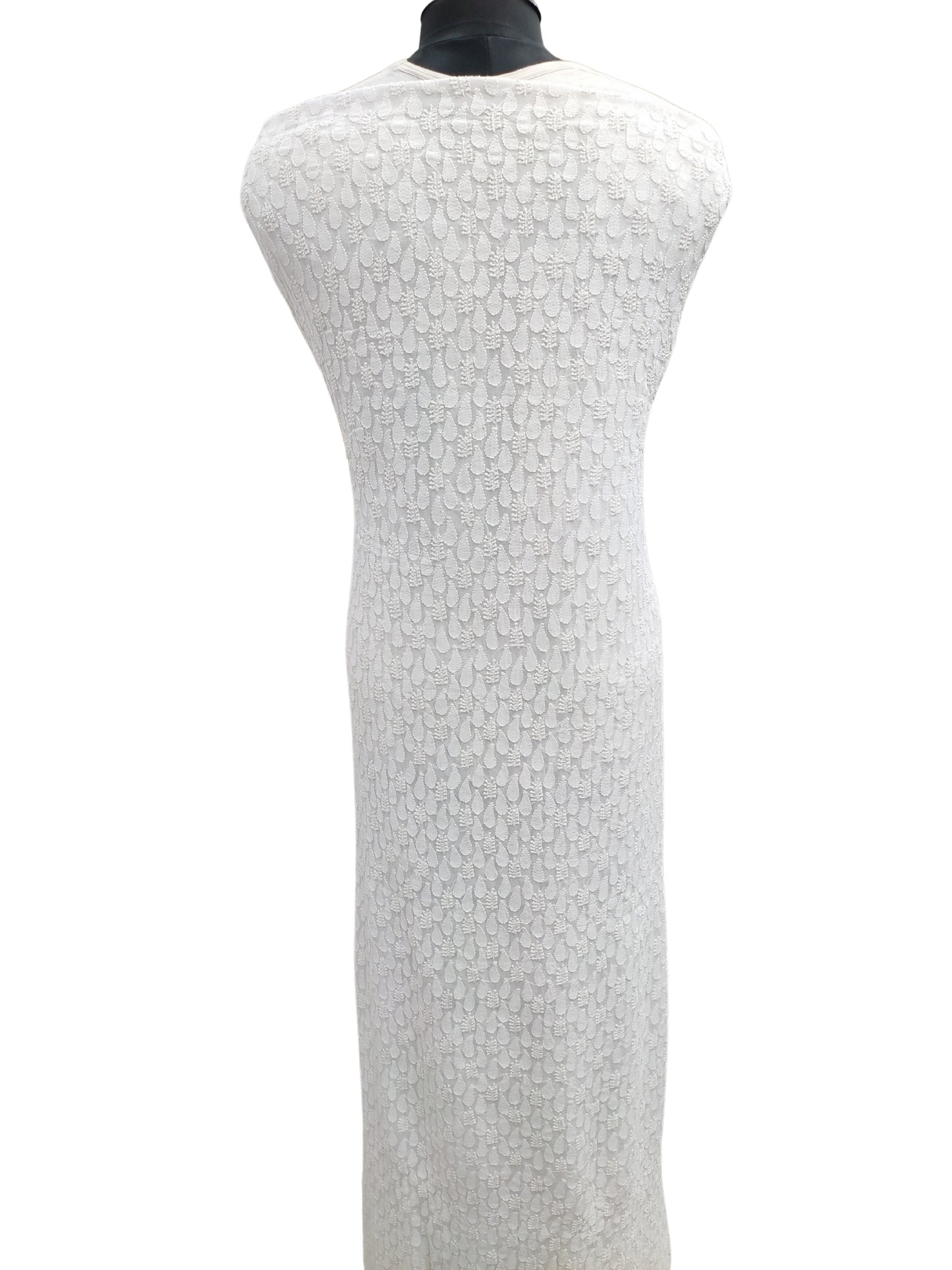 Shyamal Chikan Hand Embroidered White Viscose Georgette Lucknowi All-Over Chikankari Unstitched Men's Kurta Piece – S26091
