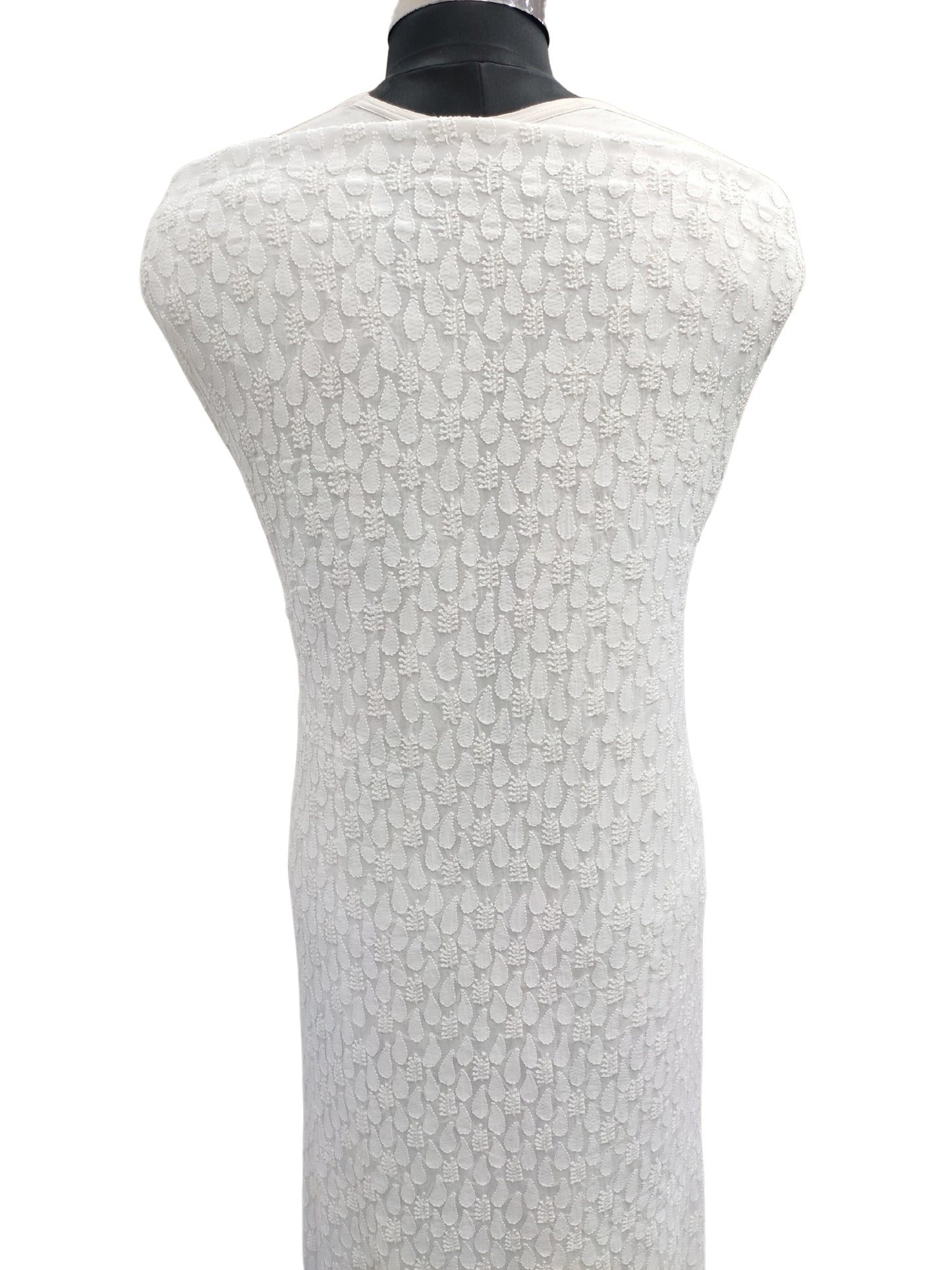 Shyamal Chikan Hand Embroidered White Viscose Georgette Lucknowi All-Over Chikankari Unstitched Men's Kurta Piece – S26091
