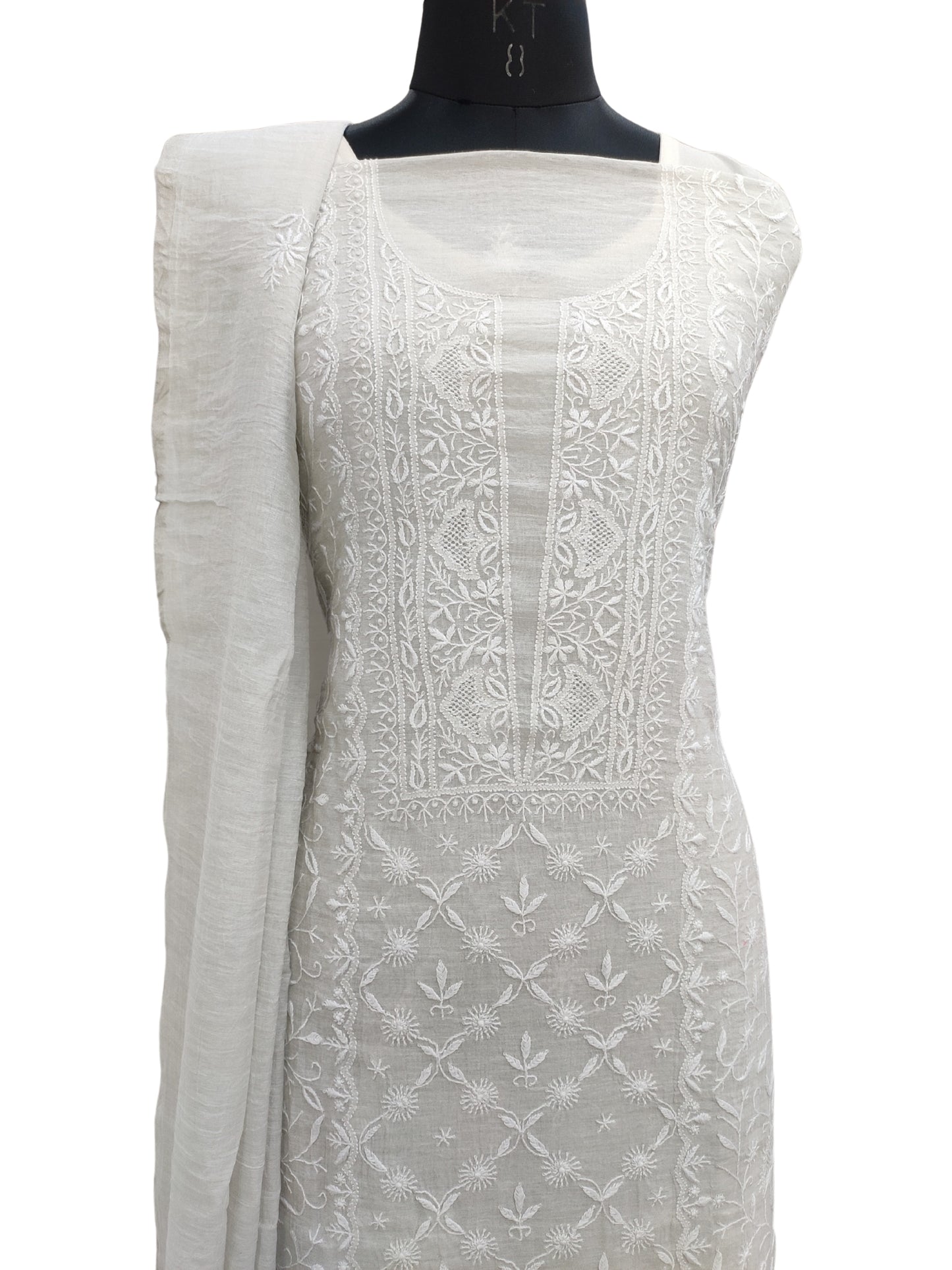 Shyamal Chikan Hand Embroidered Silver Tissue Lucknowi Chikankari Unstitched Suit Piece ( Kurta Dupatta Set ) - S26346