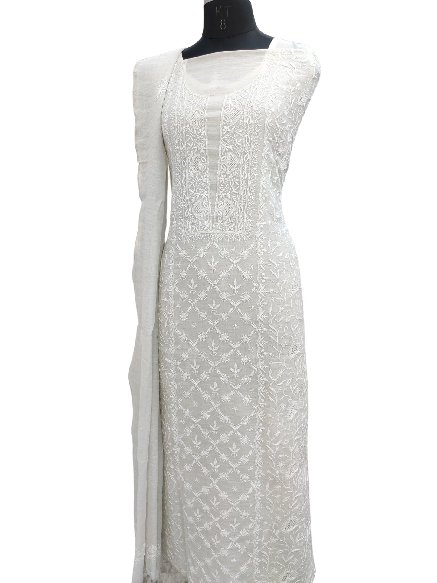 Shyamal Chikan Hand Embroidered Silver Tissue Lucknowi Chikankari Unstitched Suit Piece ( Kurta Dupatta Set ) - S26346