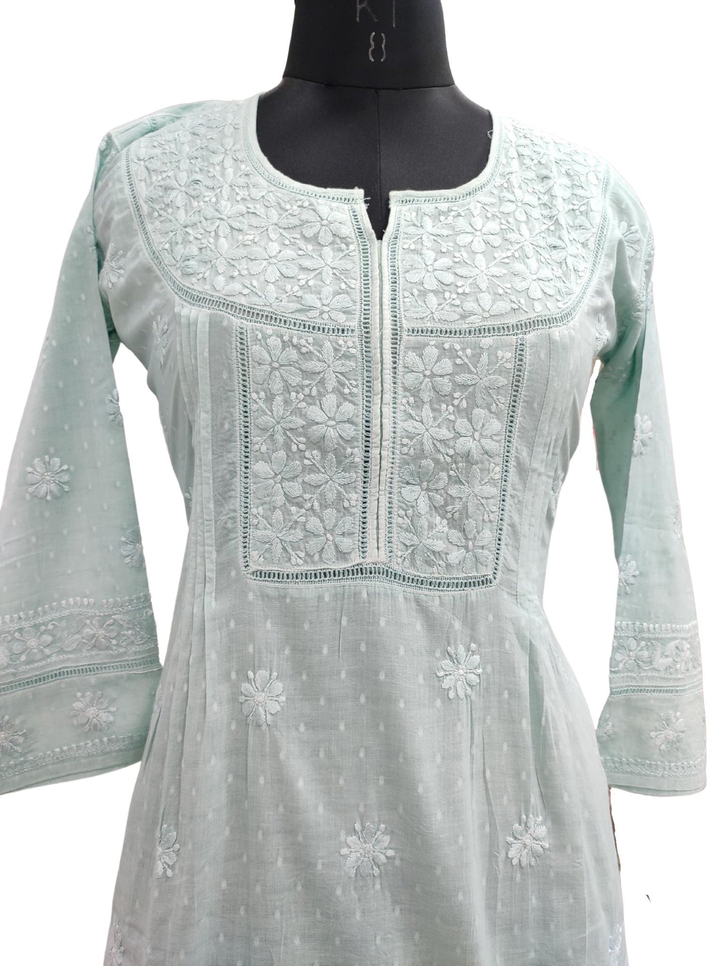 Shyamal Chikan Hand Embroidered Green Cotton Lucknowi Chikankari Short Top - 20401