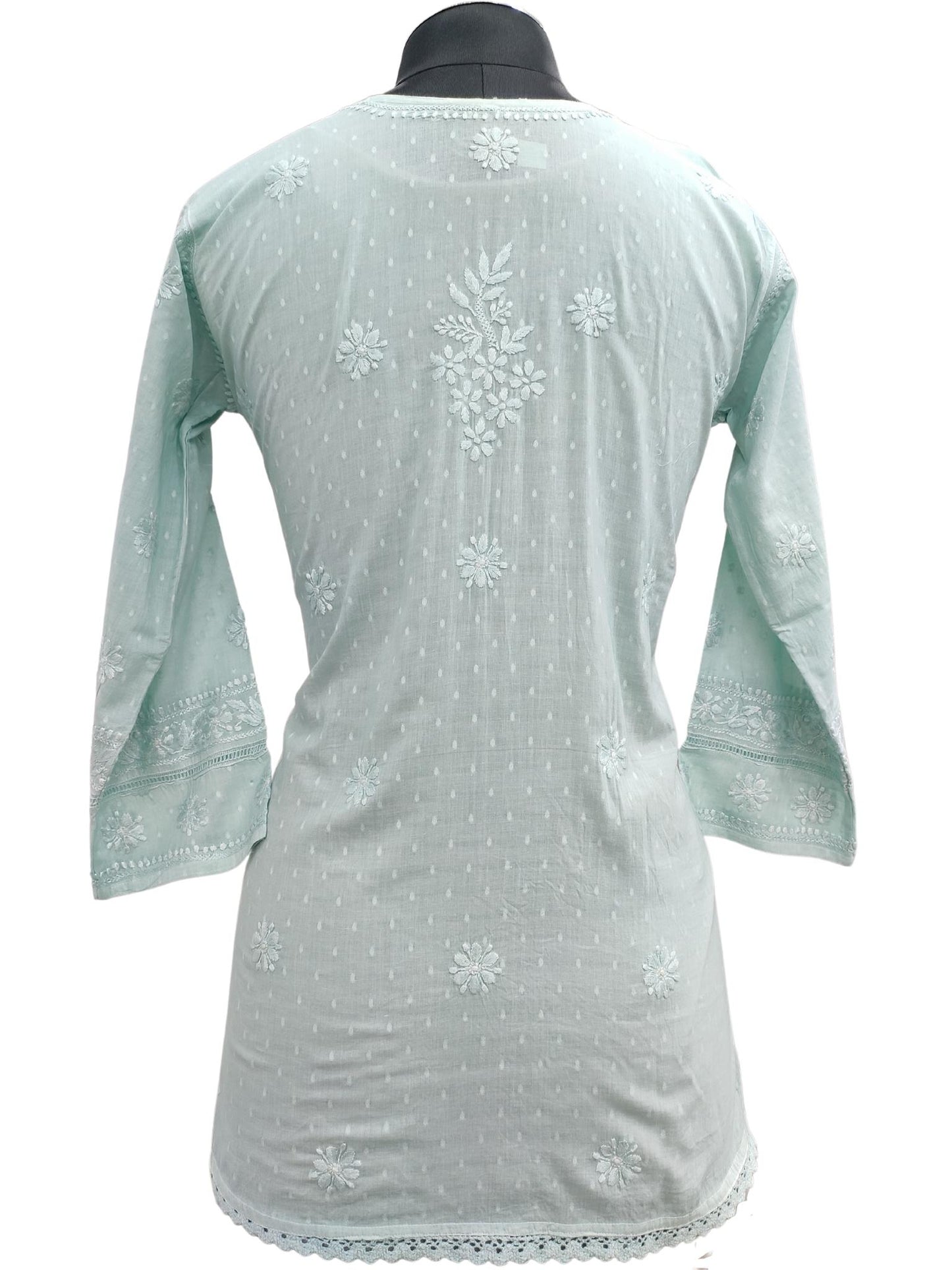 Shyamal Chikan Hand Embroidered Green Cotton Lucknowi Chikankari Short Top - 20401