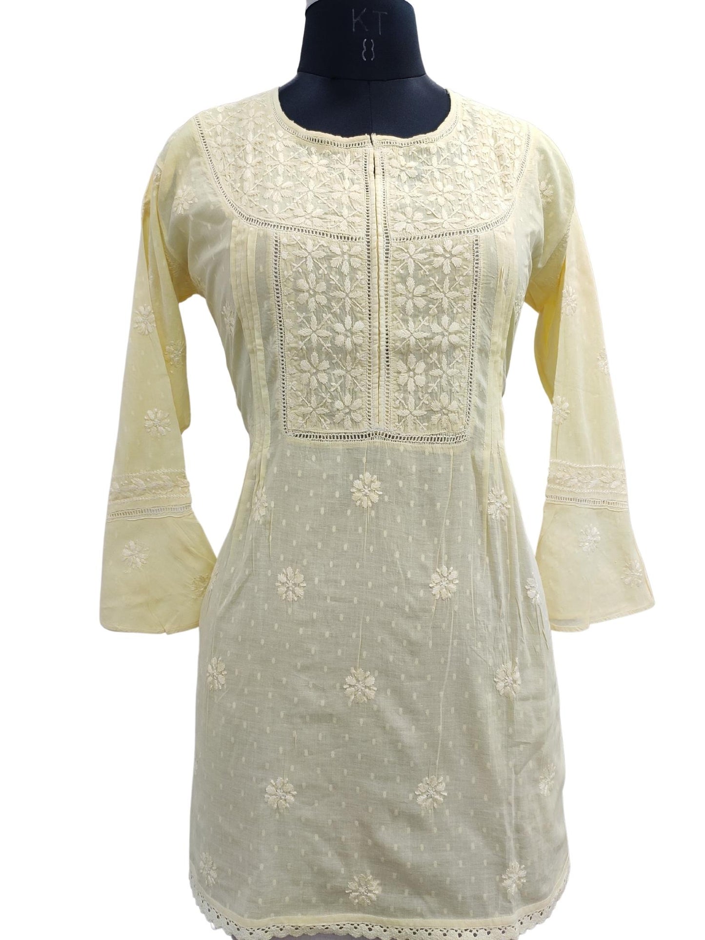 Shyamal Chikan Hand Embroidered Yellow Cotton Lucknowi Chikankari Short Top - 20395