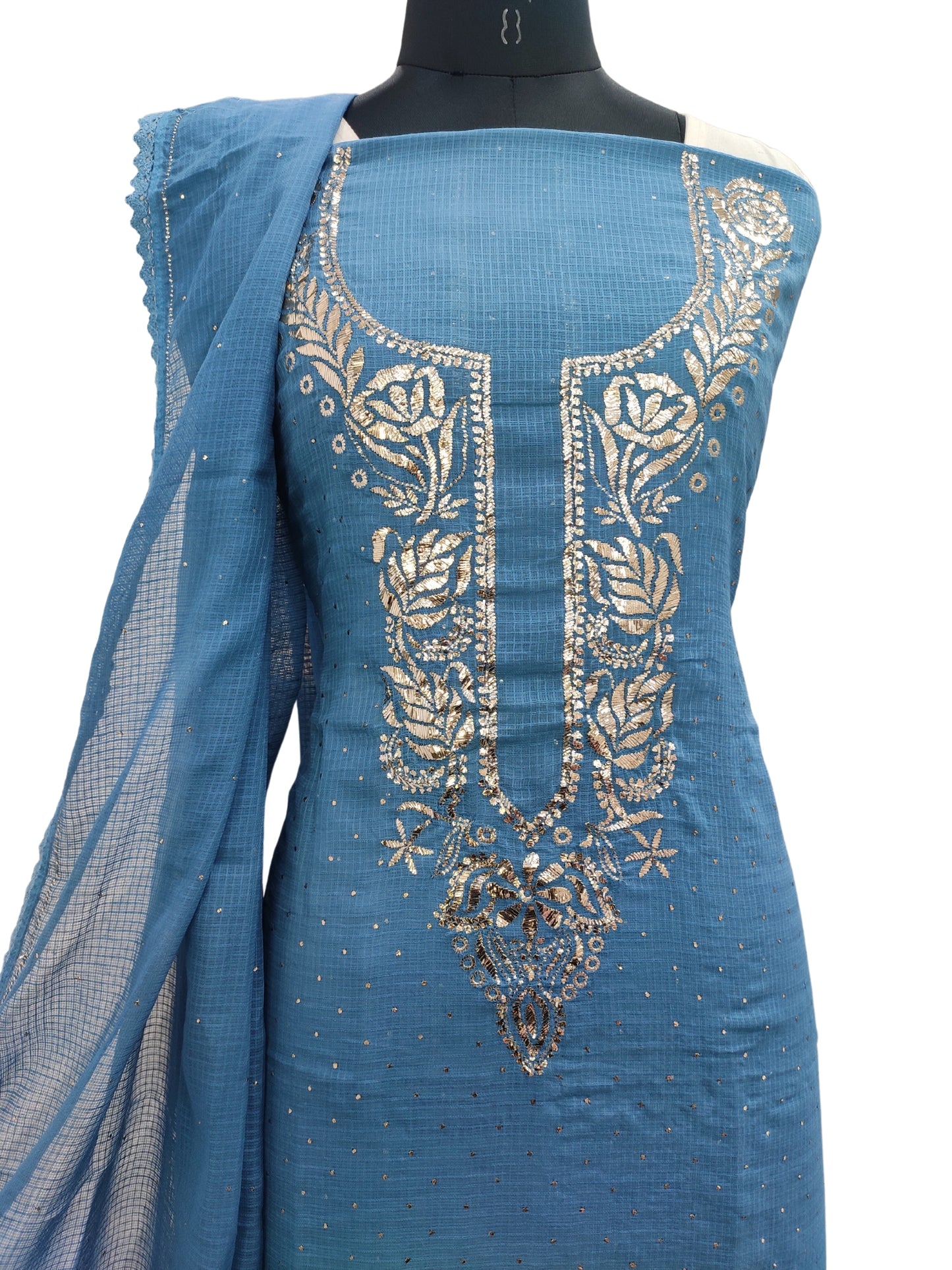 Shyamal Chikan Hand Embroidered Peacock Blue Kota Cotton Lucknowi Unstitched Suit Piece With Mukaish Work - S16579