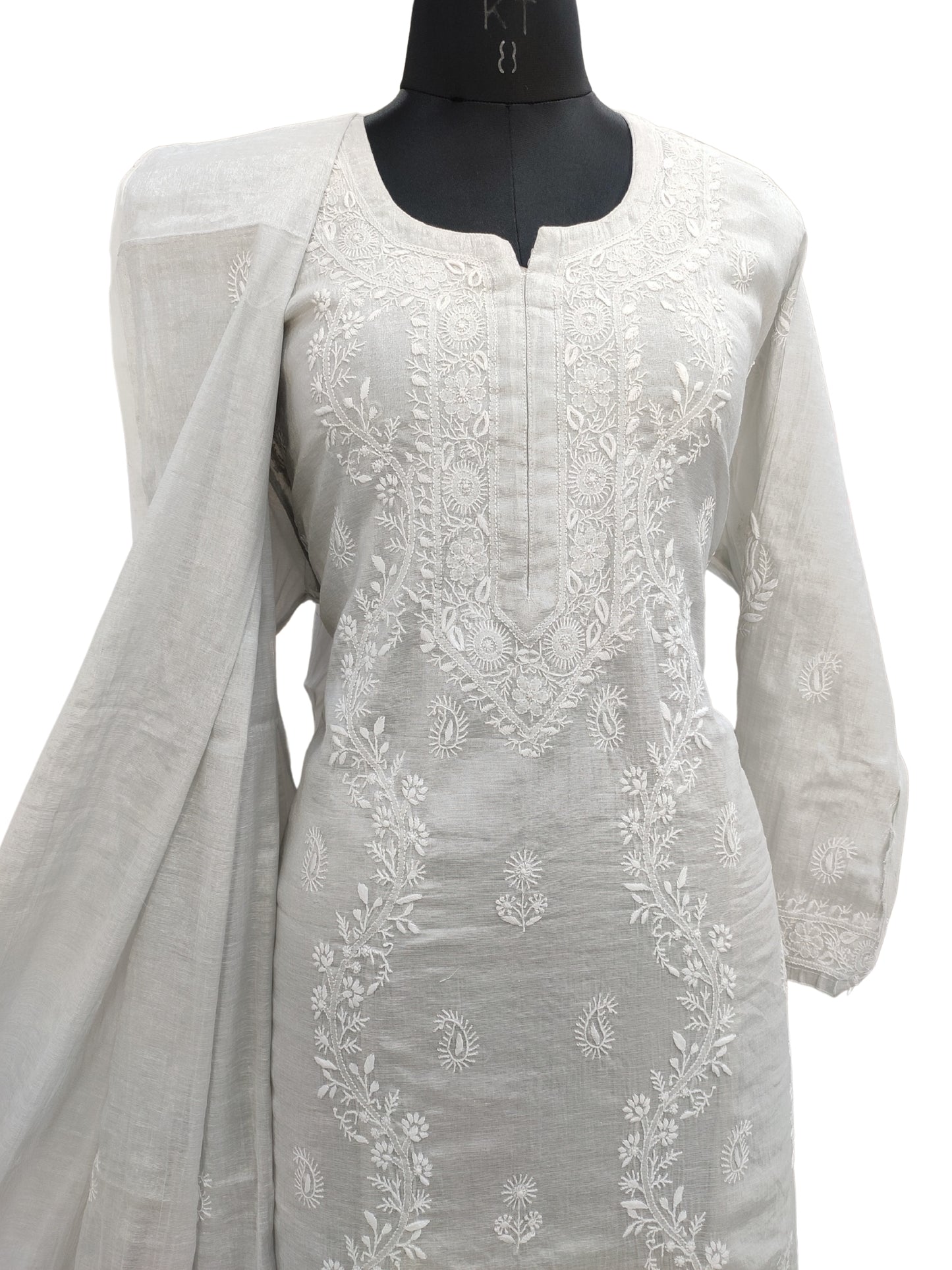 Shyamal Chikan Hand Embroidered Silver Tissue Lucknowi Chikankari Semi-stitched Suit Piece ( Kurta Dupatta Set ) - S26344
