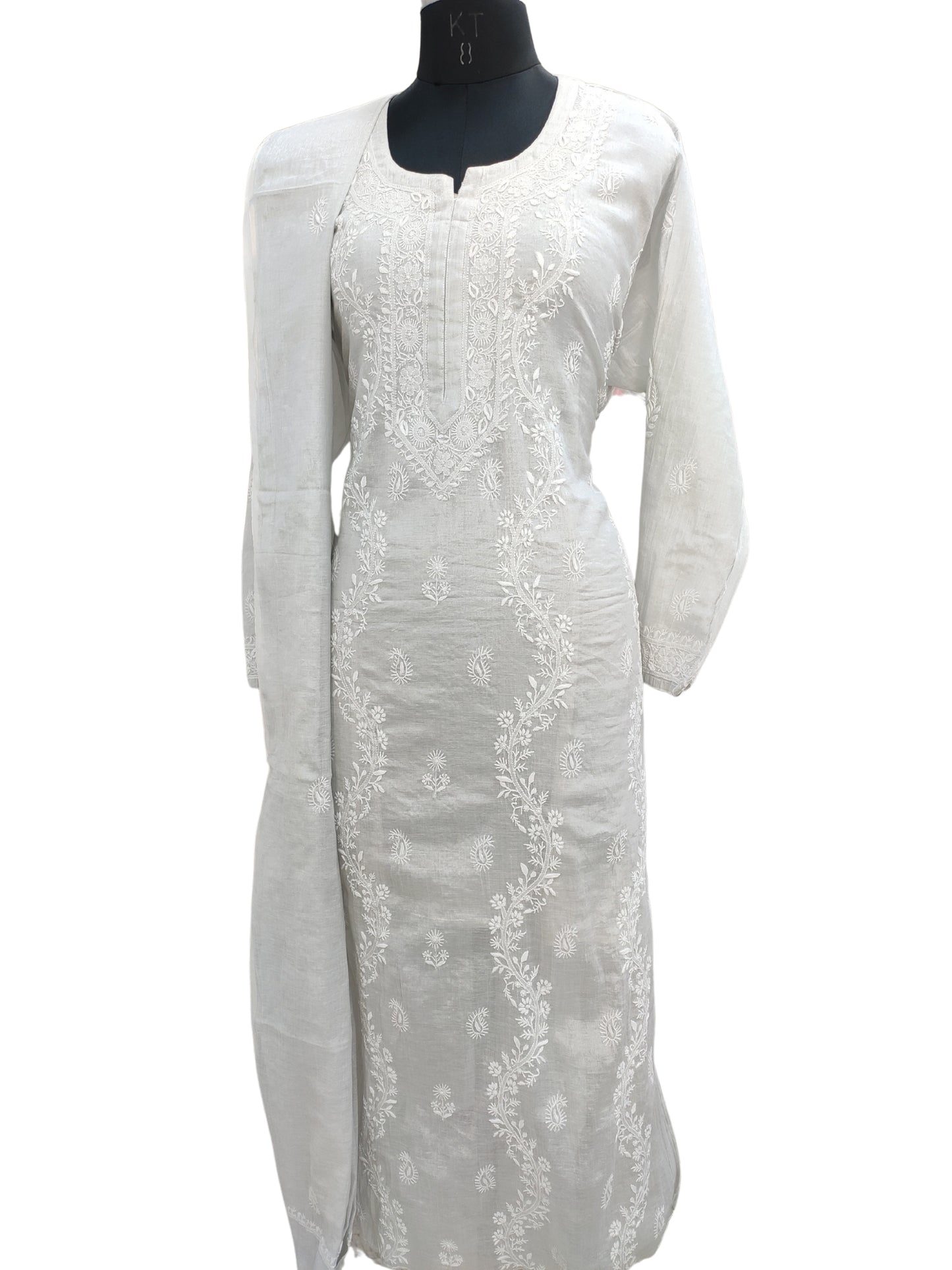 Shyamal Chikan Hand Embroidered Silver Tissue Lucknowi Chikankari Semi-stitched Suit Piece ( Kurta Dupatta Set ) - S26344
