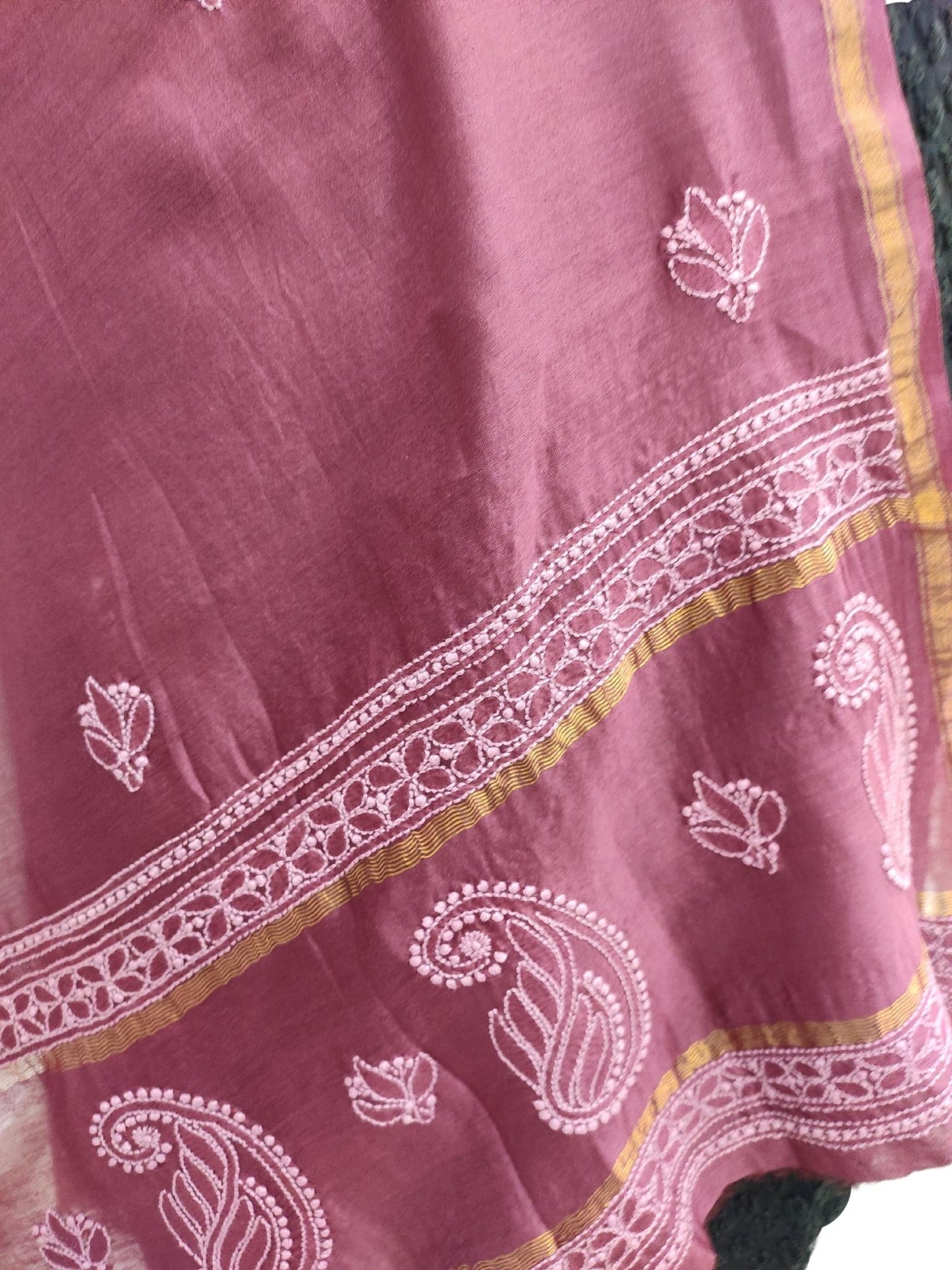 Shyamal Chikan Hand Embroidered Wine Chanderi Lucknowi Chikankari Dupatta - S20938