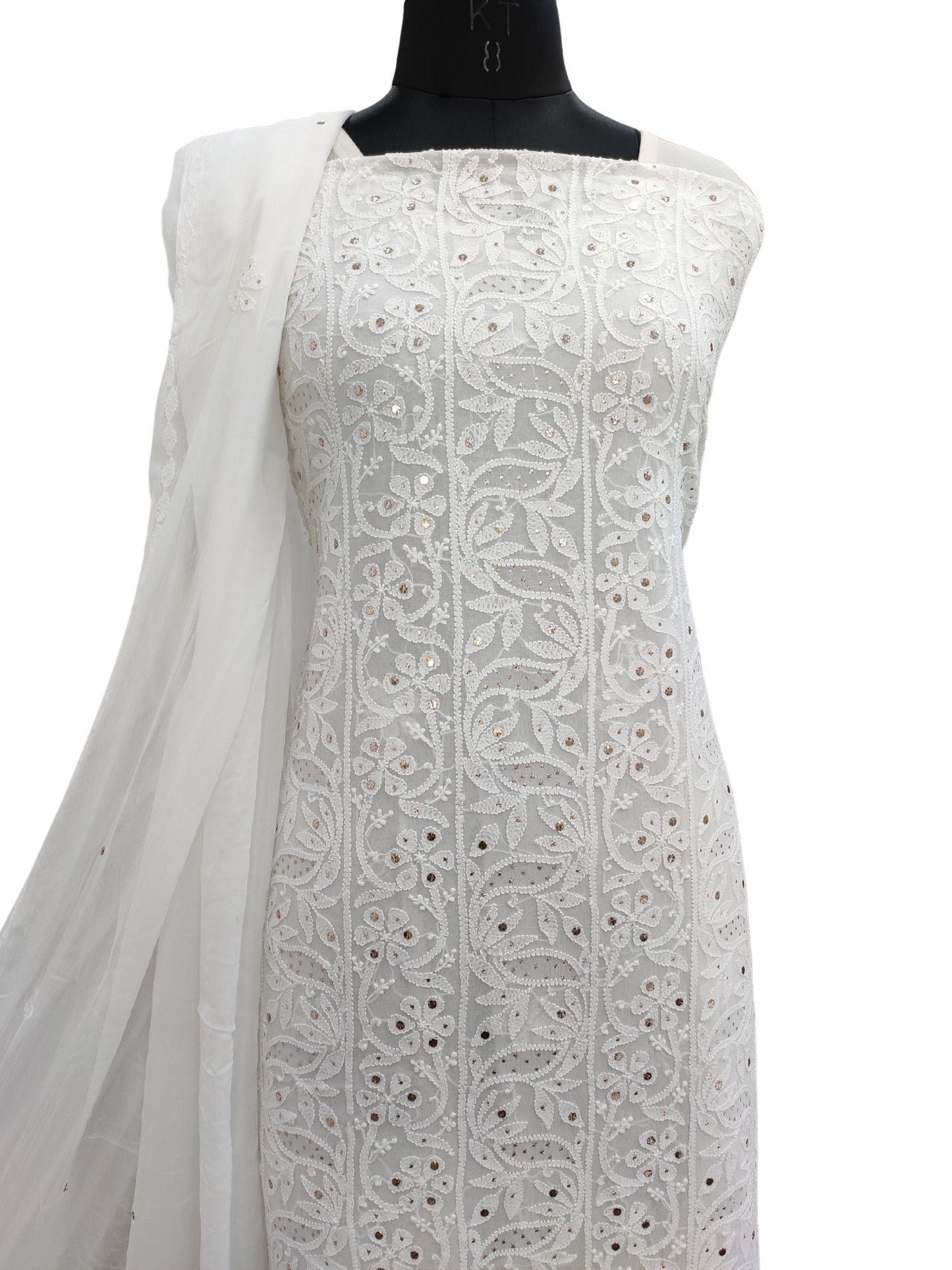 Shyamal Chikan Hand Embroidered Light White Viscose Georgette Lucknowi Chikankari Unstitched Suit Piece With Mukaish Work ( Kurta Dupatta Set) -S26778