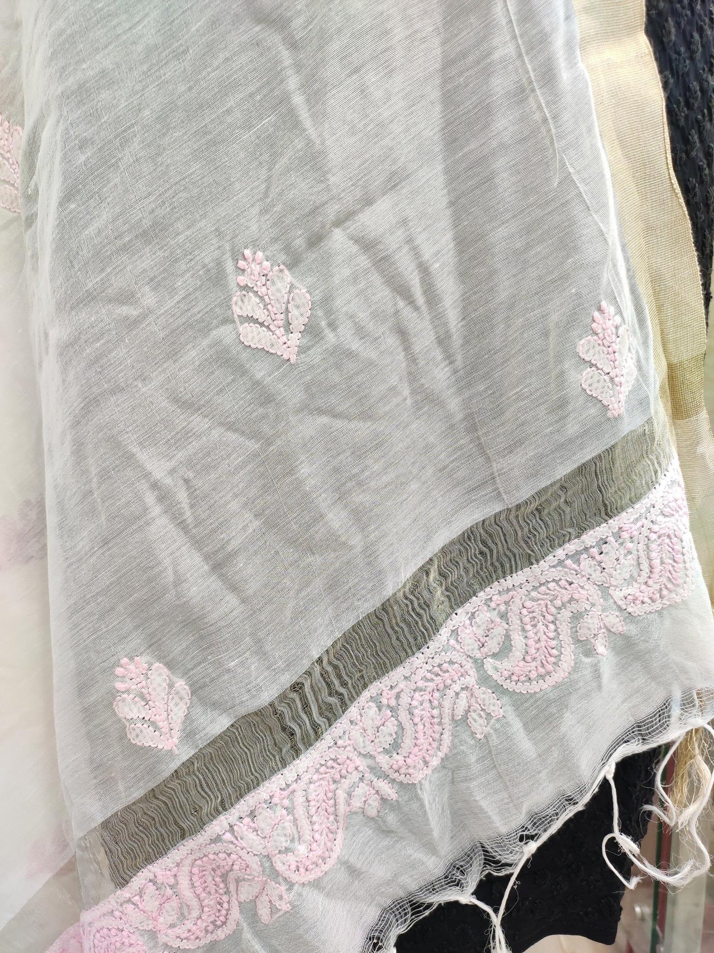 Shyamal Chikan Hand Embroidered Ivory White Chanderi Lucknowi Chikankari Dupatta - S20939