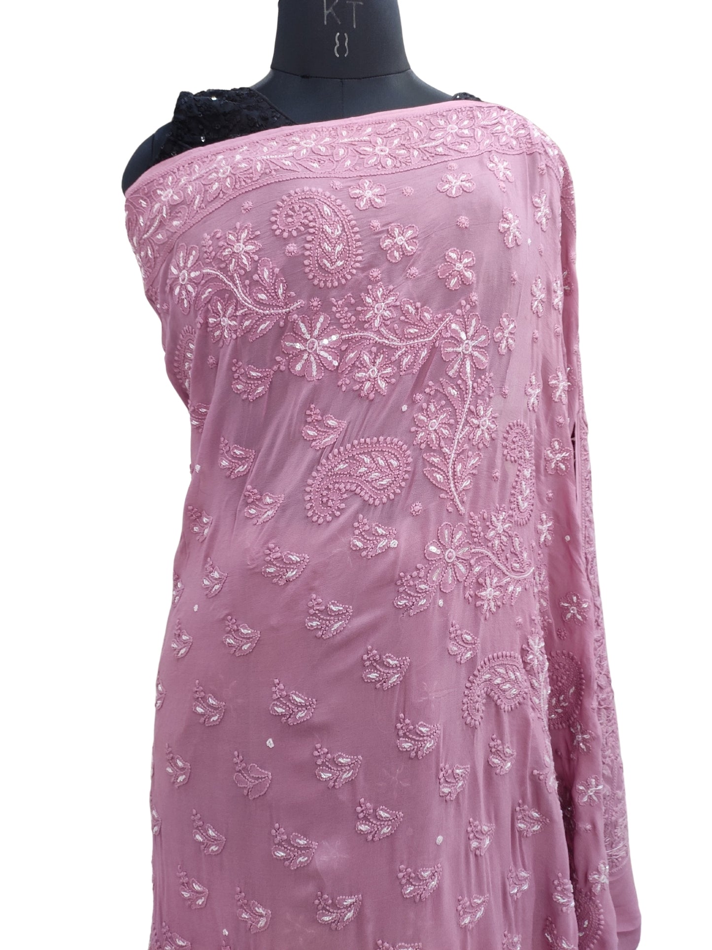 Shyamal Chikan Hand Embroidered Wine HQ Viscose Georgette Lucknowi Chikankari Saree With Blouse Piece With Cutdana Work- S25217