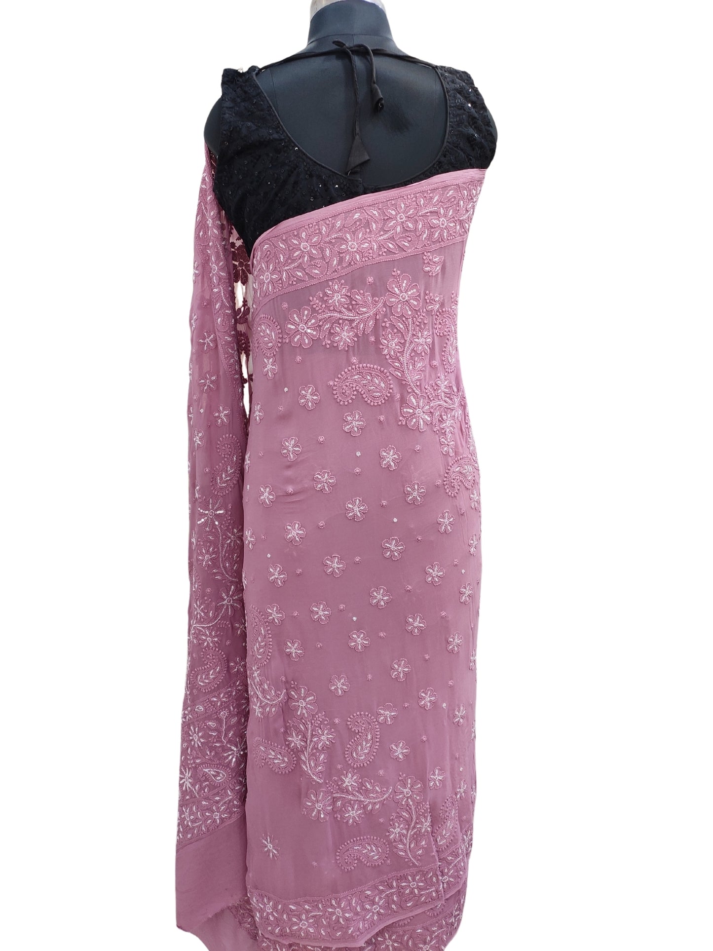 Shyamal Chikan Hand Embroidered Wine HQ Viscose Georgette Lucknowi Chikankari Saree With Blouse Piece With Cutdana Work- S25217