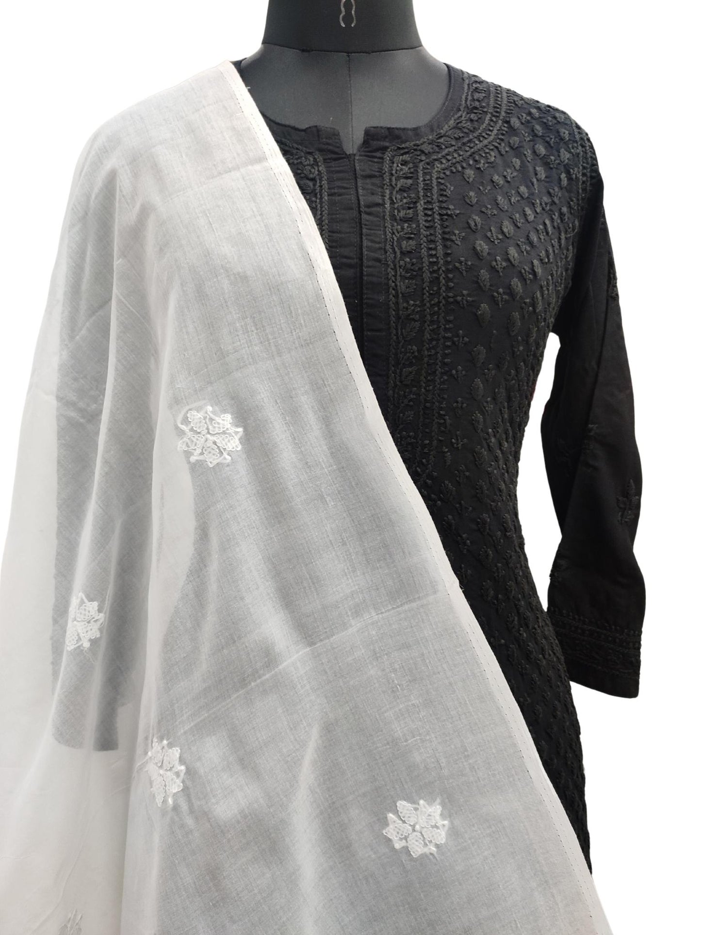Shyamal Chikan Hand Embroidered White Cotton Lucknowi Chikankari Dupatta - S20942