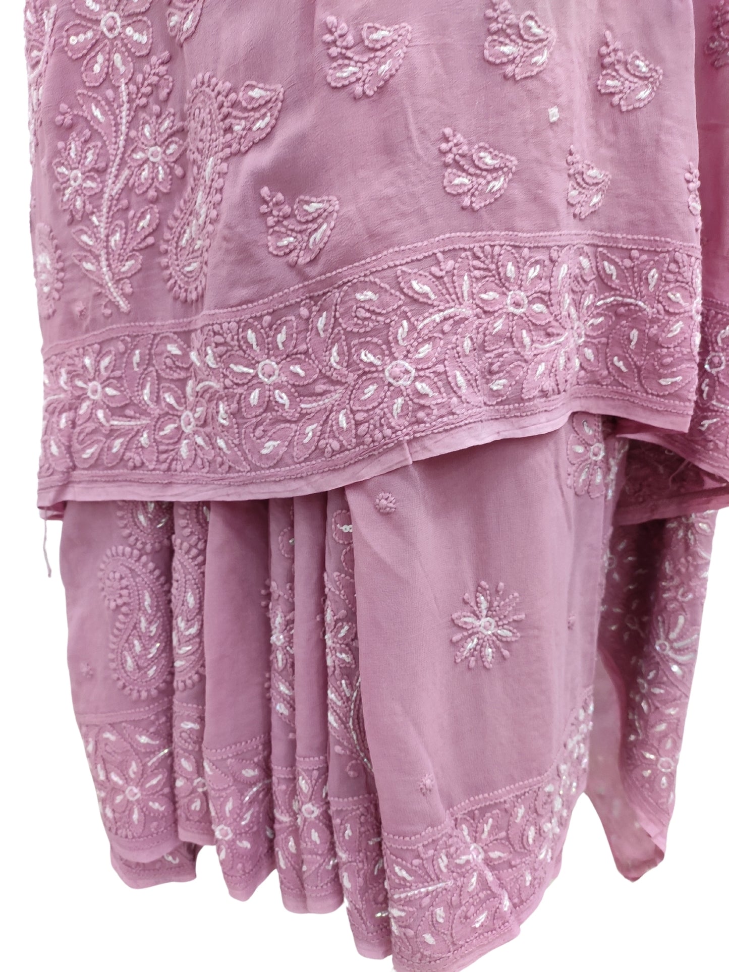 Shyamal Chikan Hand Embroidered Wine HQ Viscose Georgette Lucknowi Chikankari Saree With Blouse Piece With Cutdana Work- S25217