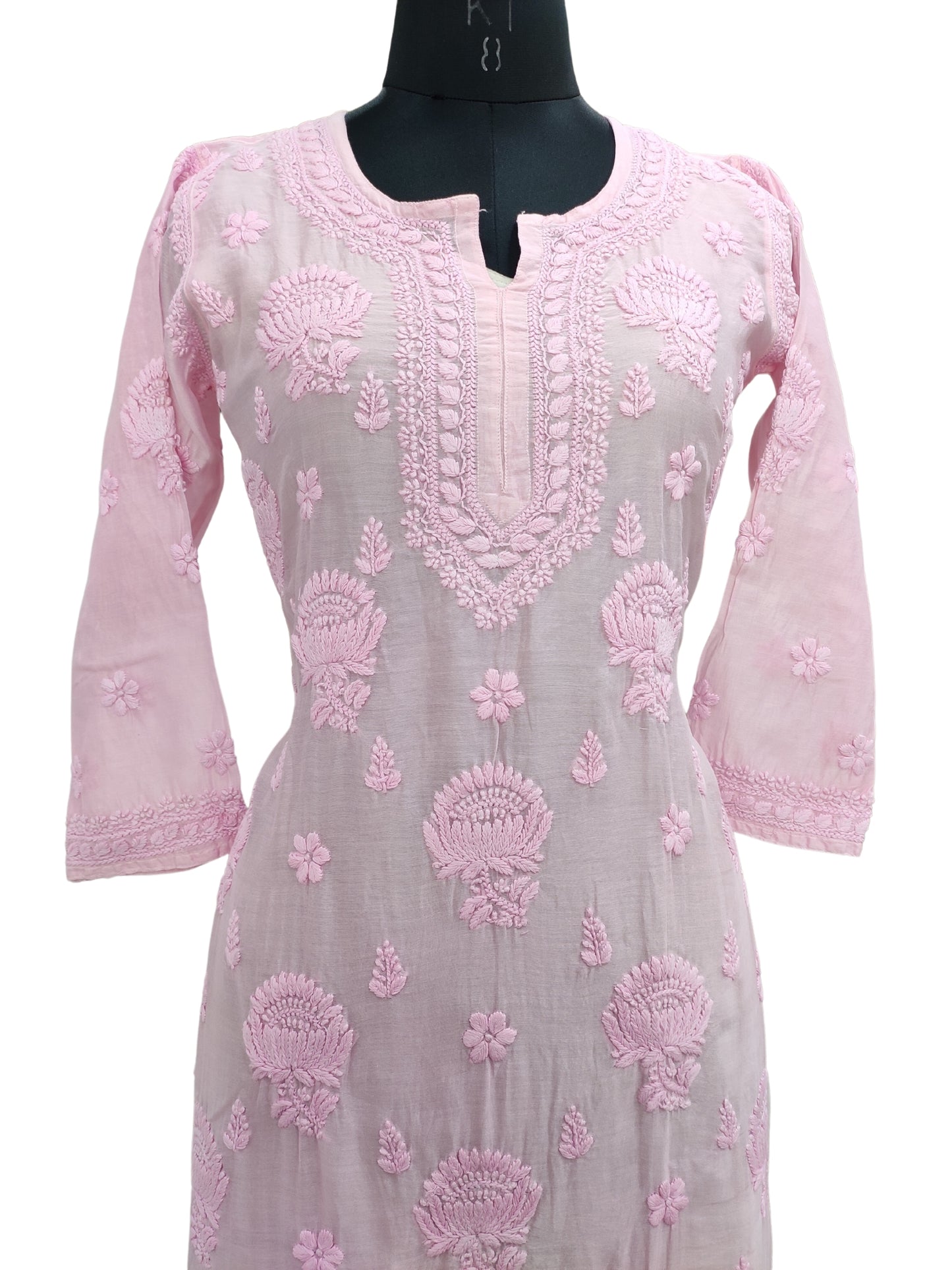 Shyamal Chikan Hand Embroidered Pink Chanderi Silk Lucknowi Chikankari Kurti - S19750
