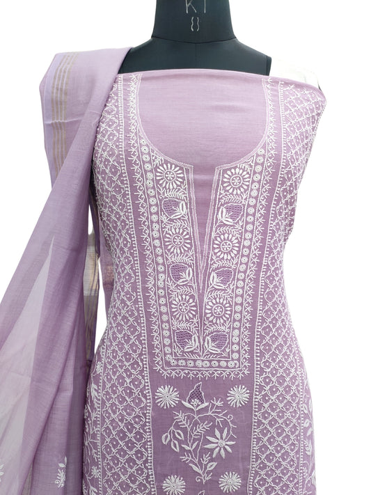 Shyamal Chikan Hand Embroidered Purple Mul Chanderi Lucknowi Chikankari Unstitched Suit Piece (Kurta Dupatta Set) - S22929