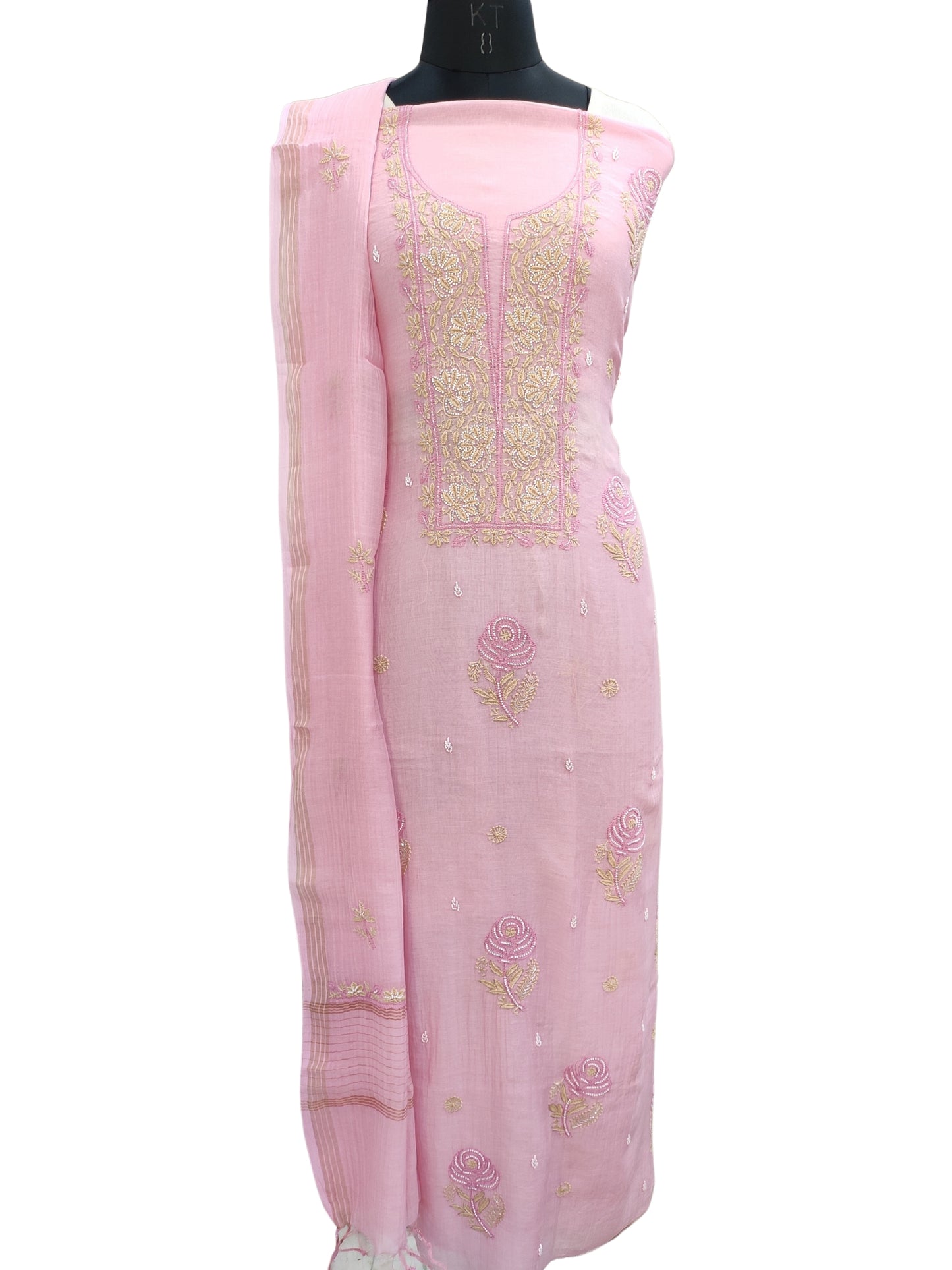 Shyamal Chikan Hand Embroidered Pink Mulmul Chanderi Lucknowi Chikankari Unstitched Suit Piece With Pearl Work ( Set of 2 ) - S16689