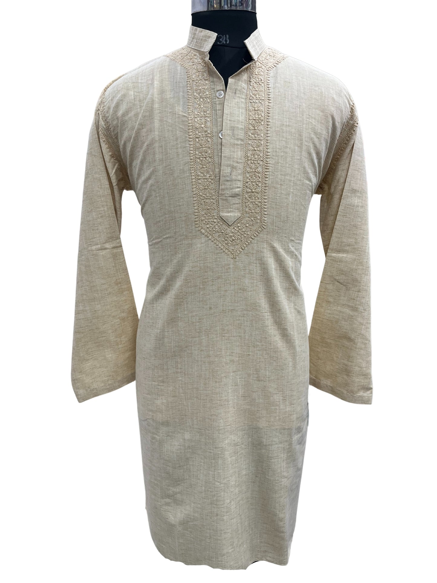 Shyamal Chikan Hand Embroidered Beige Cotton Lucknowi Chikankari Men's Kurta– S20668