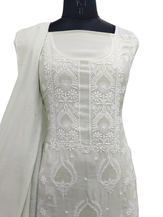Shyamal Chikan Hand Embroidered Green Cotton Silk  Lucknowi Chikankari Unstitched Suit Piece ( Kurta Dupatta Set ) - S22606