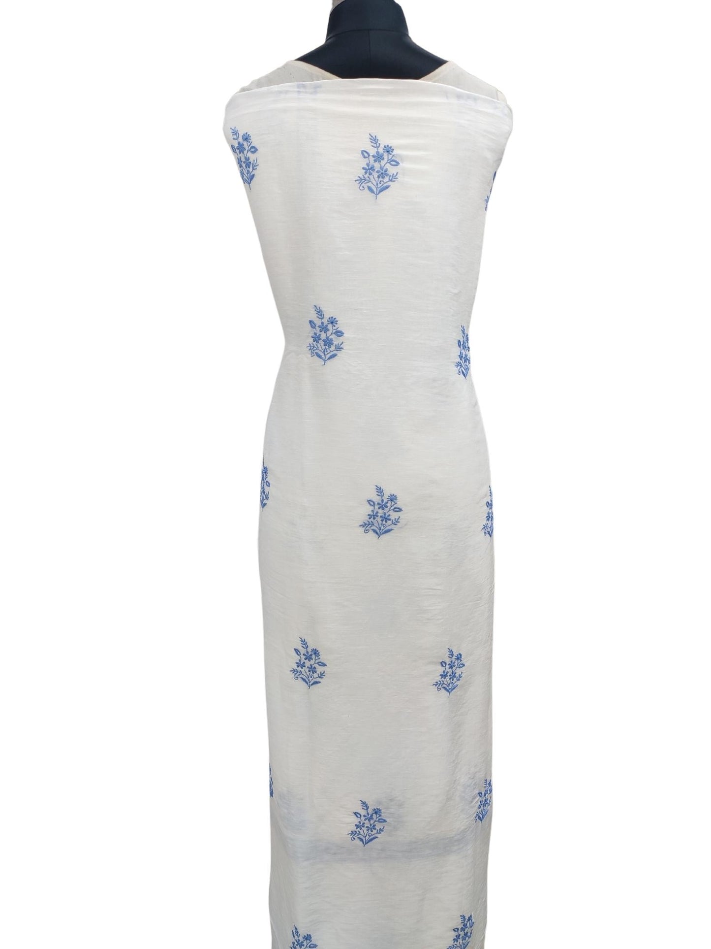 Shyamal Chikan Hand Embroidered White Lenin Chanderi Lucknowi Chikankari Unstitched Suit Piece ( Kurta Dupatta Set )- S20859