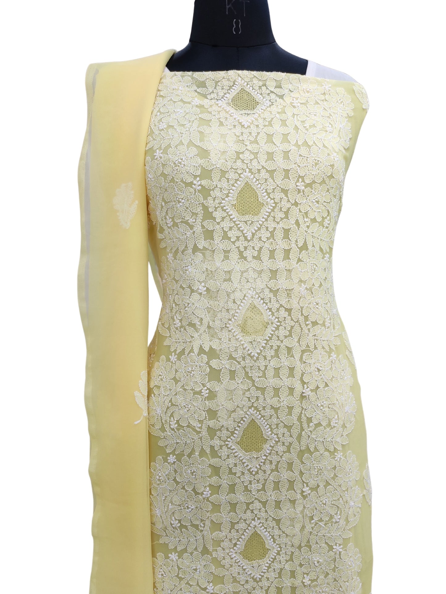 Shyamal Chikan Hand Embroidered Yellow Georgette Lucknowi Chikankari Unstitched Suit Piece - S26638