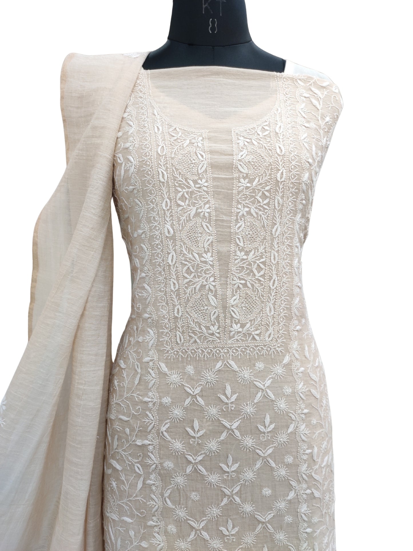 Shyamal Chikan Hand Embroidered Natural Fawn Tissue Chanderi Lucknowi Chikankari Unstitched Suit Piece ( Kurta Dupatta Set ) - S26208