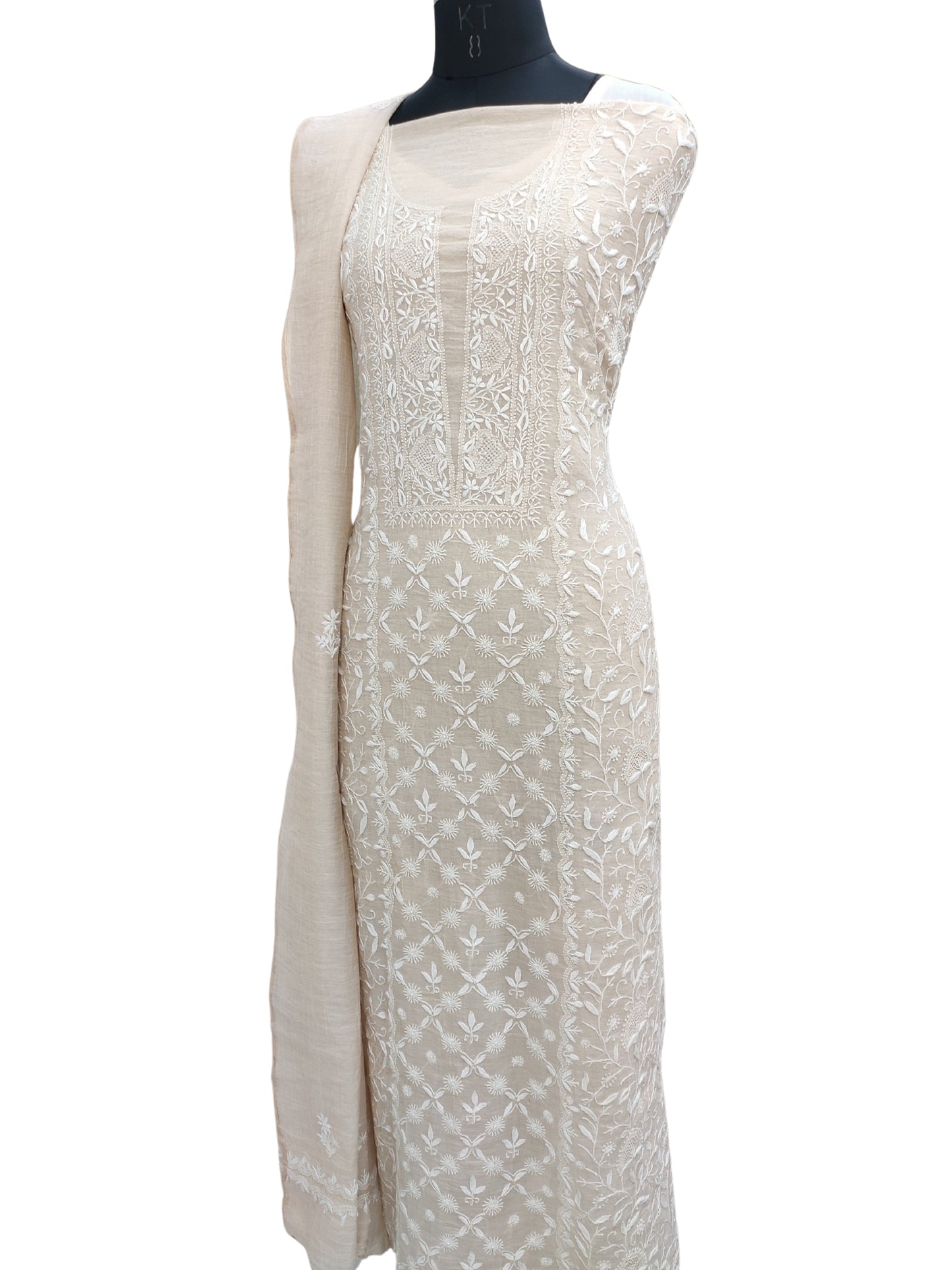 Shyamal Chikan Hand Embroidered Natural Fawn Tissue Chanderi Lucknowi Chikankari Unstitched Suit Piece ( Kurta Dupatta Set ) - S26208