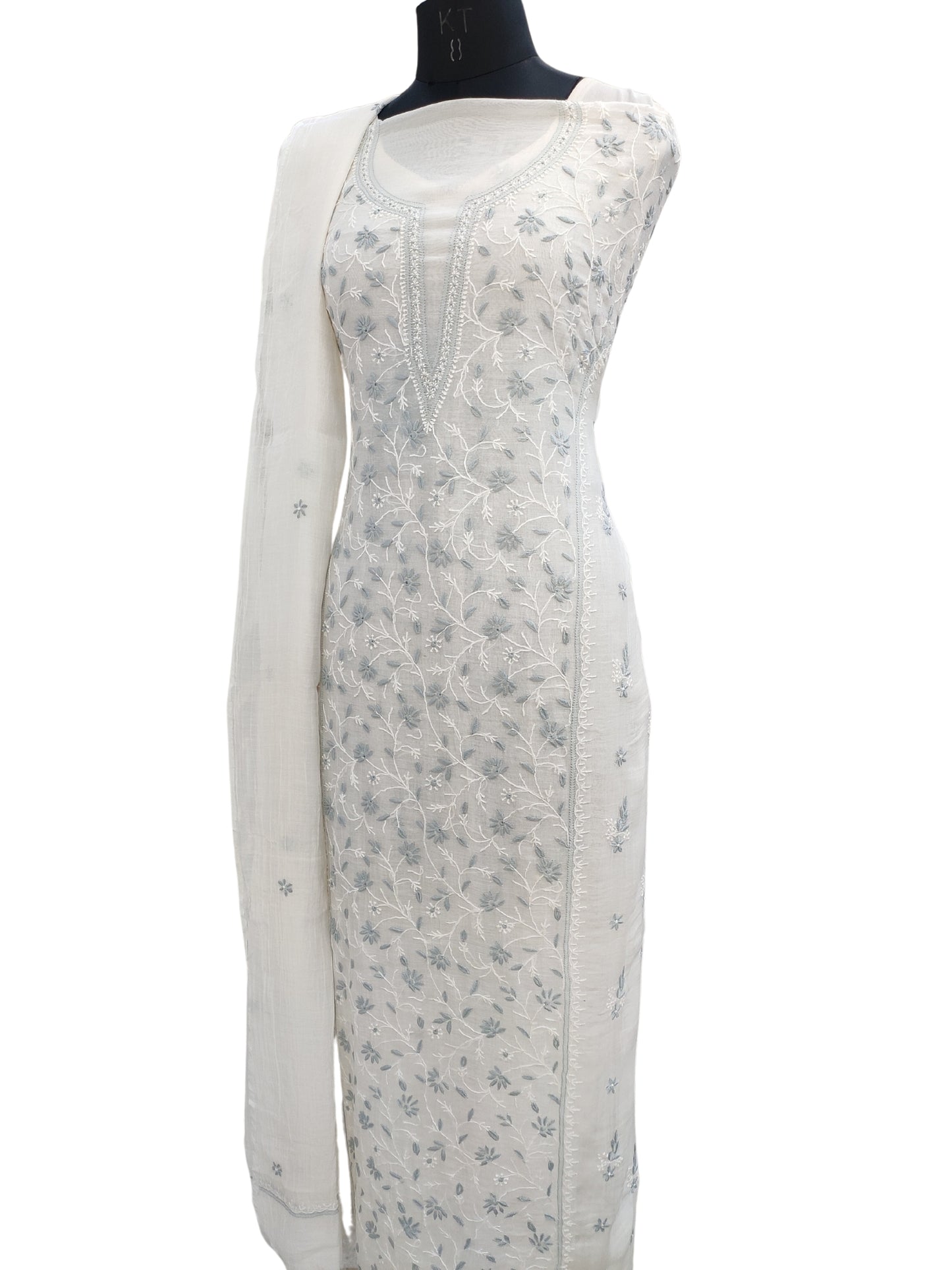 Shyamal Chikan Hand Embroidered White Mul Chanderi Lucknowi Chikankari Unstitched Suit Piece (Kurta Dupatta Set) - S20827
