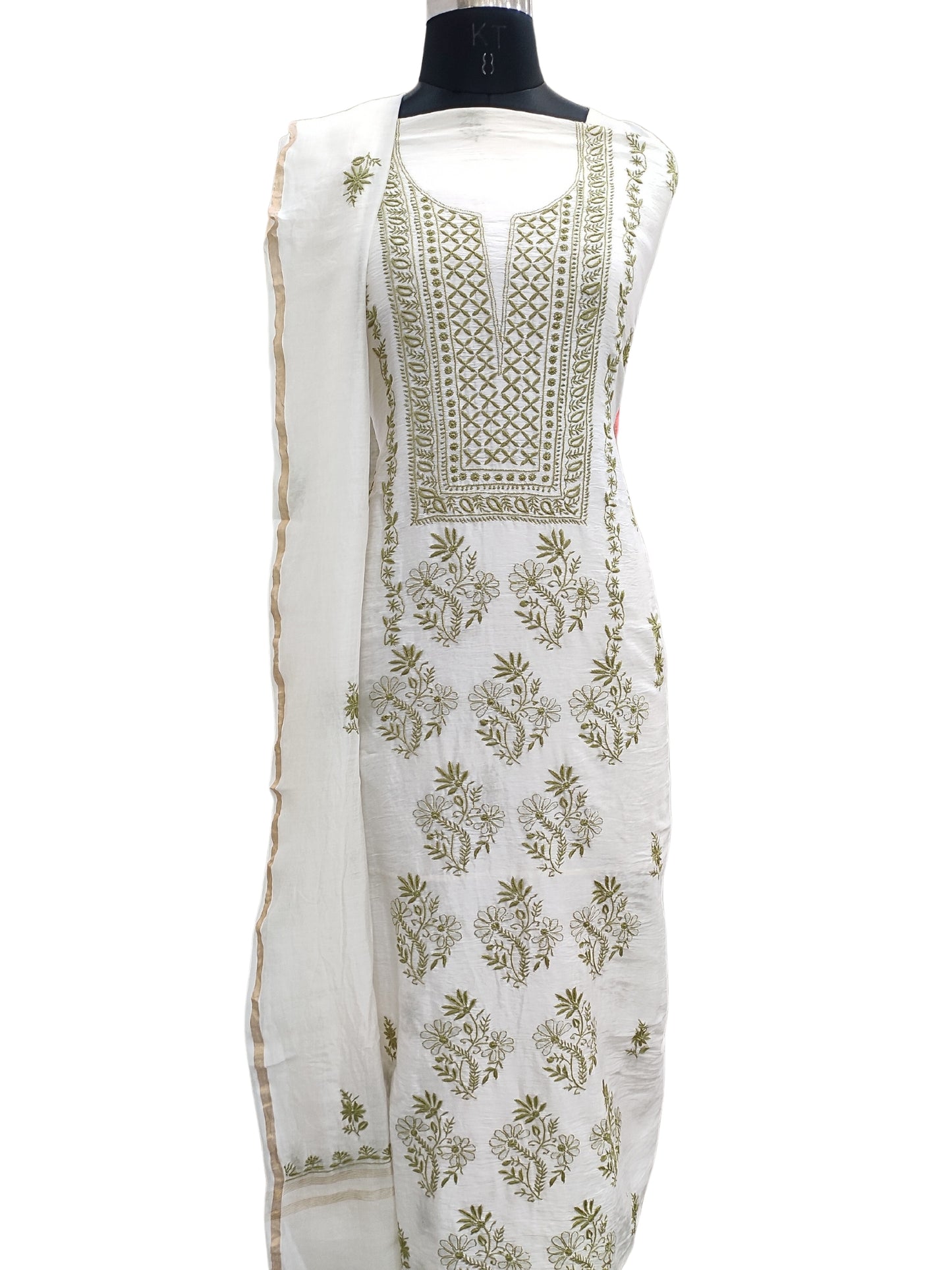 Shyamal Chikan Hand Embroidered White Pure Chanderi Silk Lucknowi Chikankari Unstitched Suit Piece ( Set of 2 ) - S20706