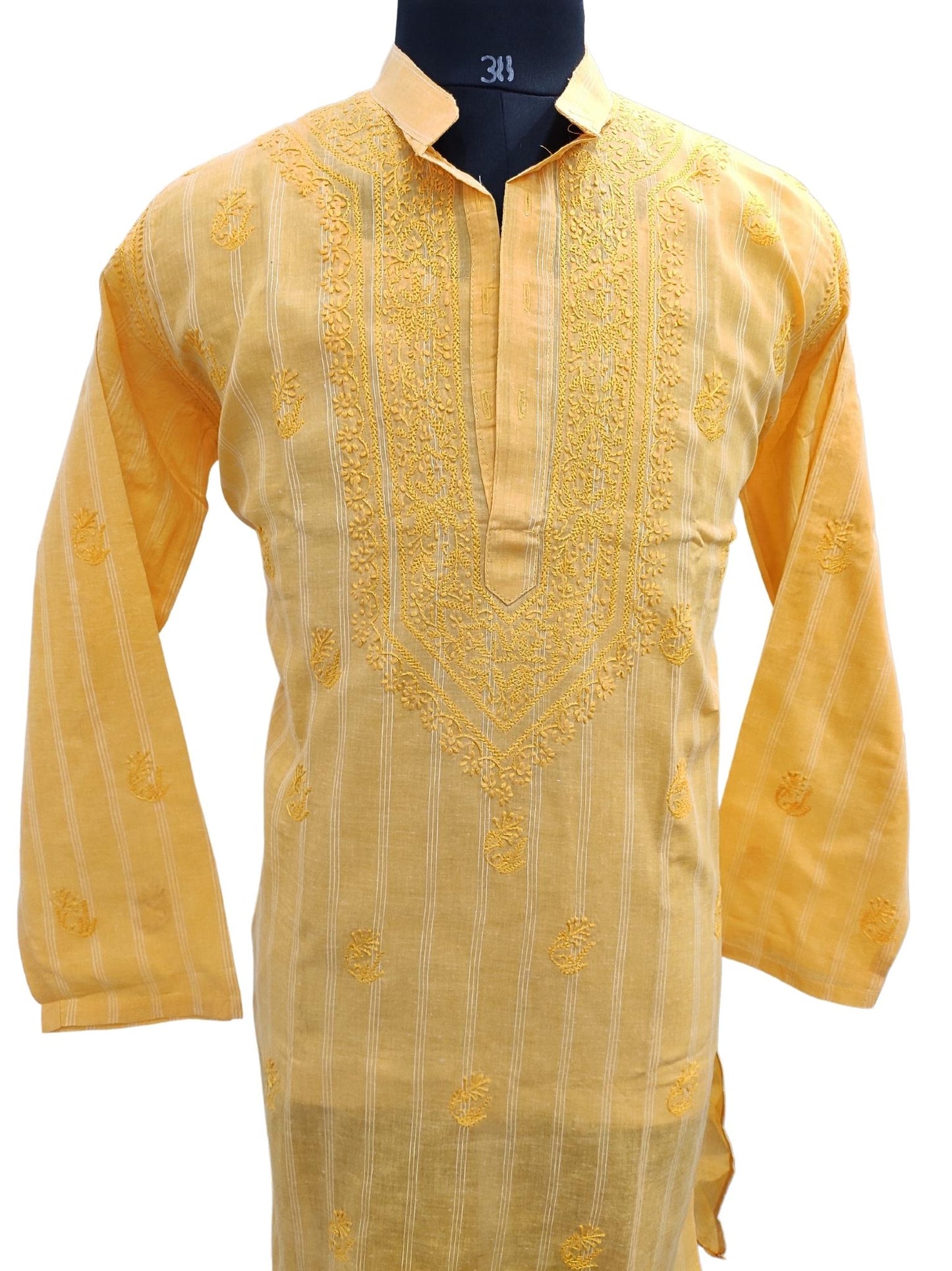 Shyamal Chikan Hand Embroidered Yellow Cotton Lucknowi Chikankari Men's Kurta – S17243