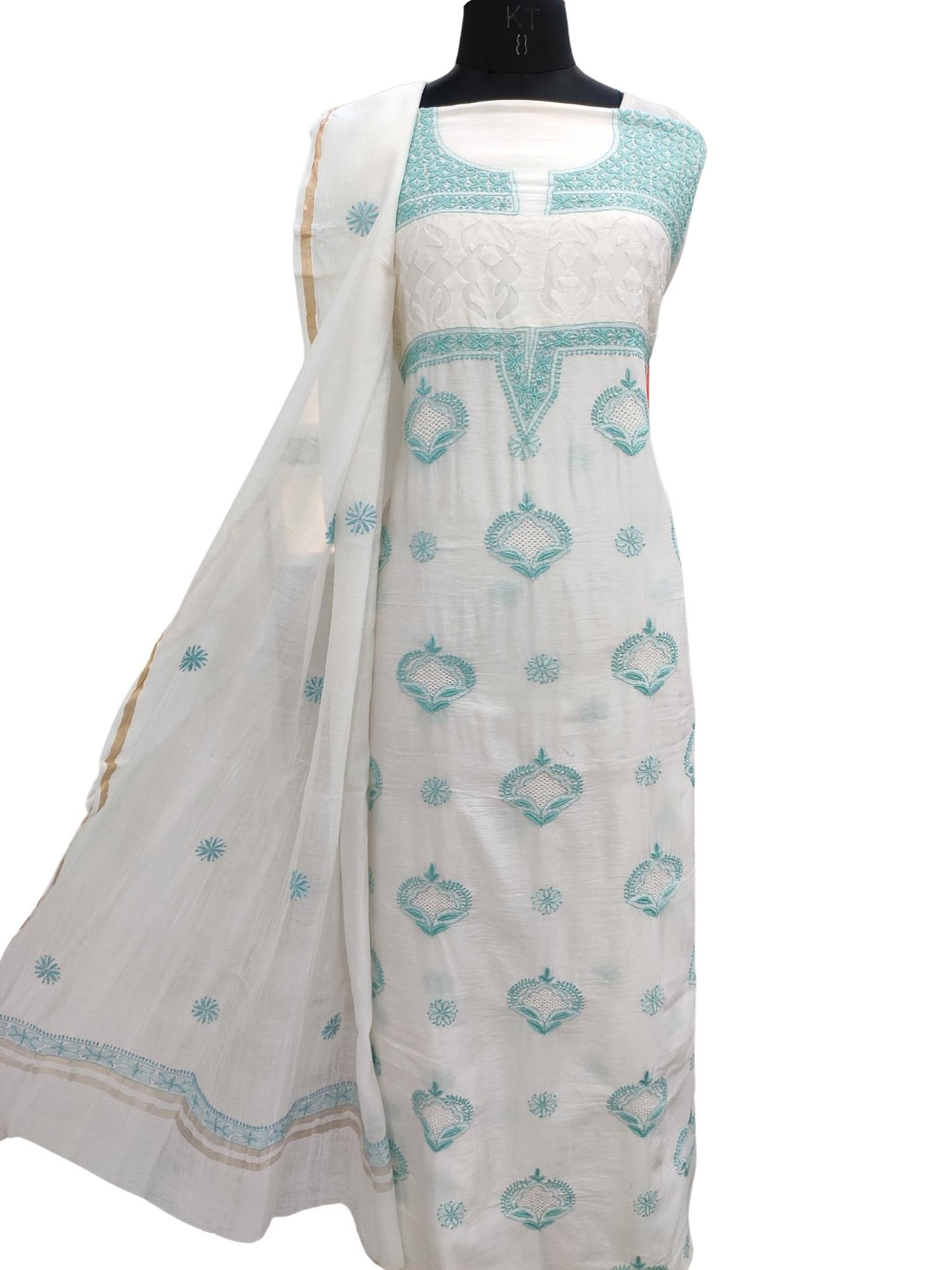 Shyamal Chikan Hand Embroidered White Pure Chanderi Silk Lucknowi Chikankari Unstitched Suit Piece with Daraz and Jaali work ( Set of 2 ) - S20076
