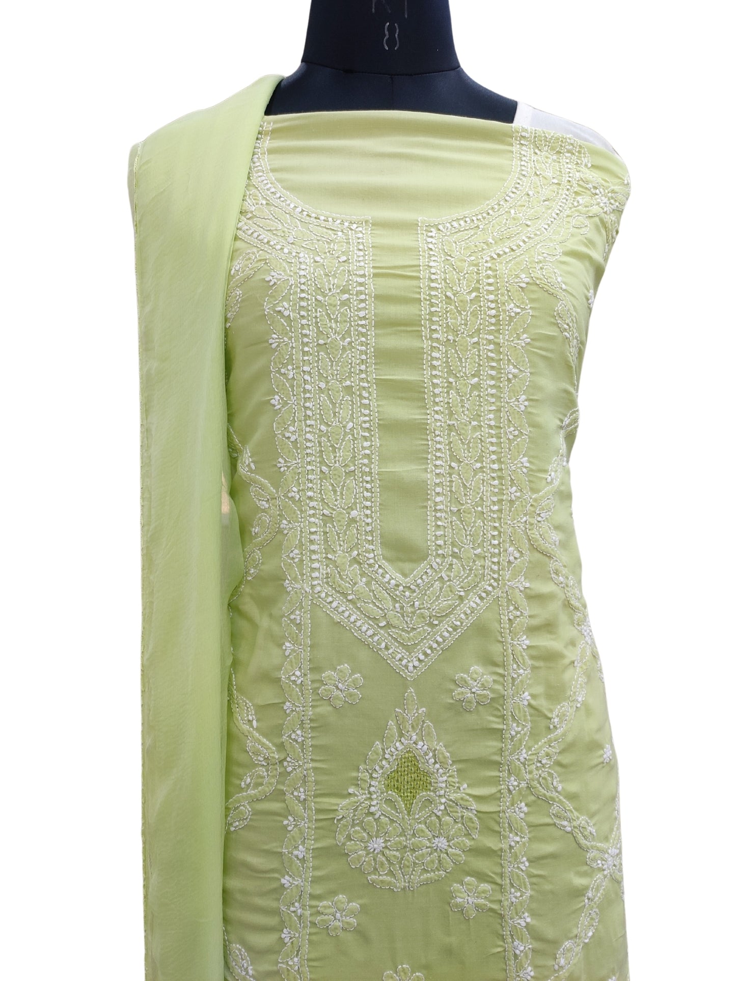 Shyamal Chikan Hand Embroidered Green Cotton Lucknowi Chikankari Unstitched Suit Piece - S26246