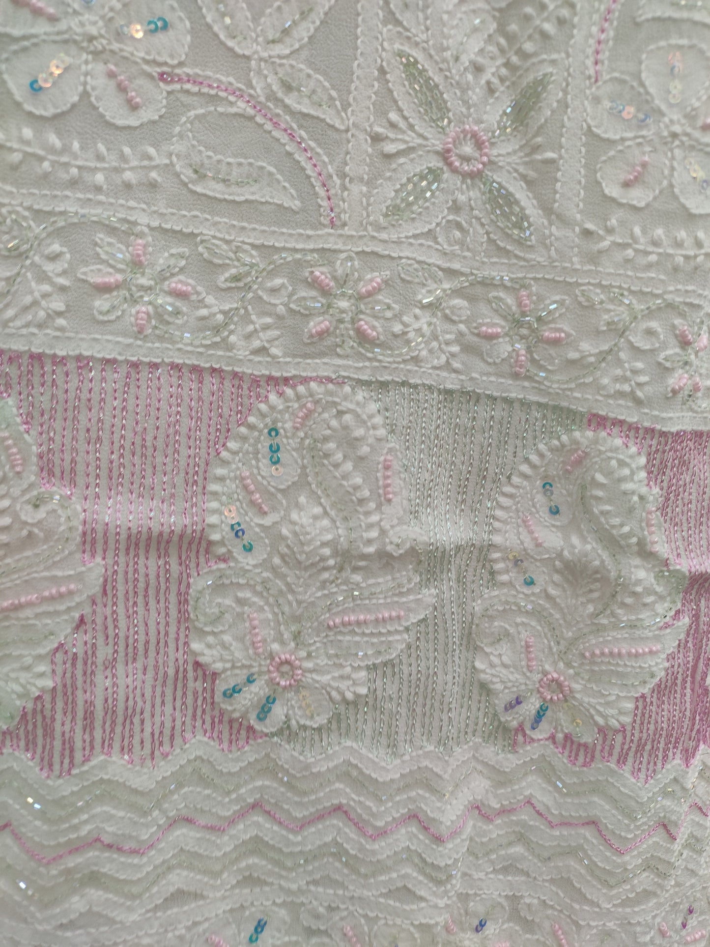 Shyamal Chikan Hand Embroidered White Viscose Georgette Lucknowi Chikankari Unstitched Suit Piece With Pearl and Sequin Work ( Kurta Dupatta Set) - S20468
