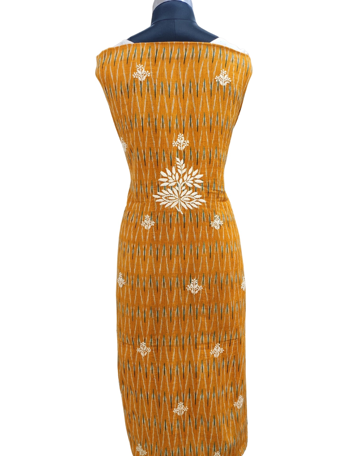 Shyamal Chikan Hand Embroidered Yellow Ikat Cotton Lucknowi Chikankari Unstitched Suit Piece - S20826