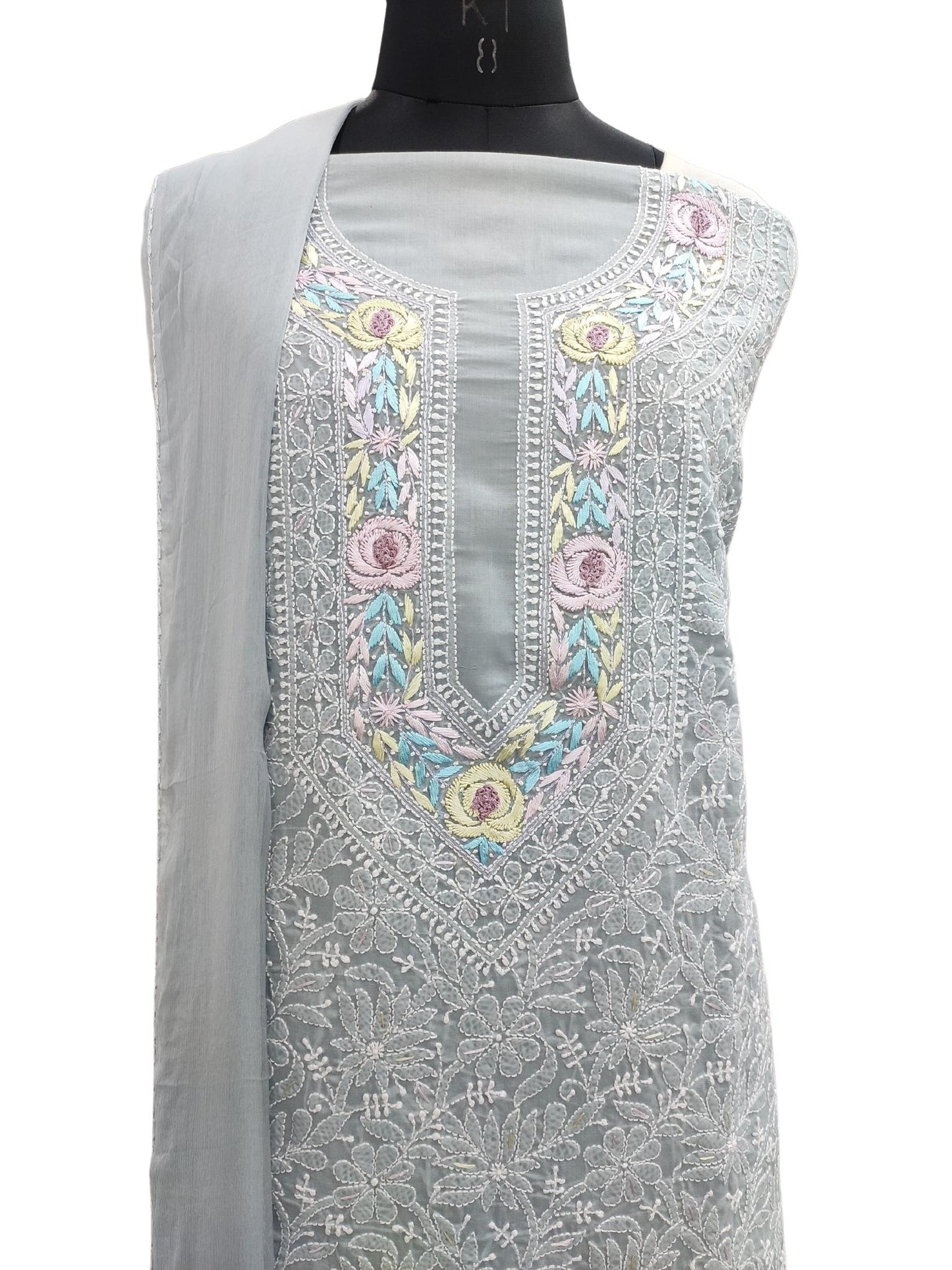 Shyamal Chikan Hand Embroidered Grey Cotton Lucknowi Chikankari Unstitched Suit Piece With Parsi Work - S20856