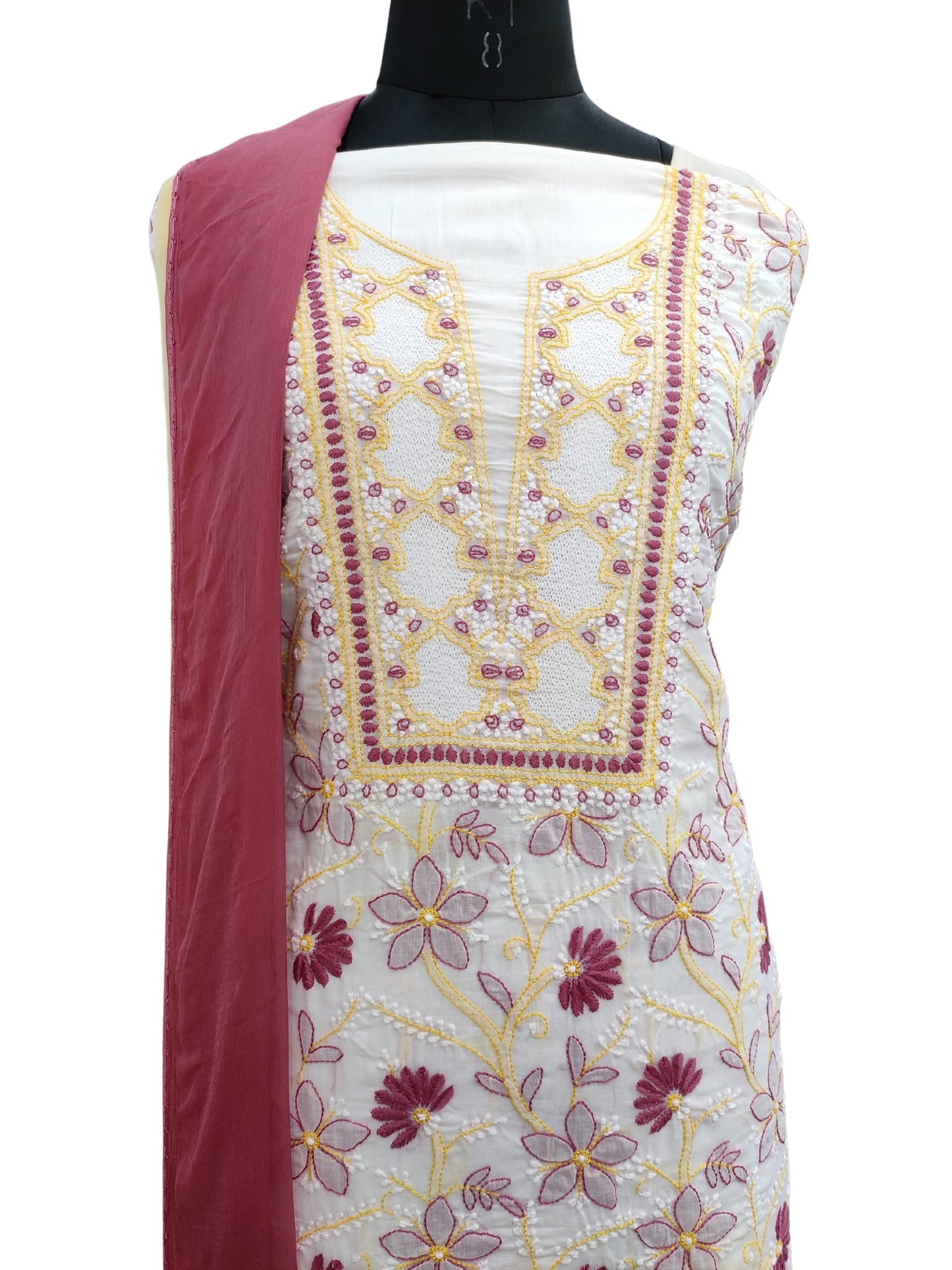 Shyamal Chikan Hand Embroidered White Pure Cotton Lucknowi Chikankari Unstitched Suit Piece - S20693