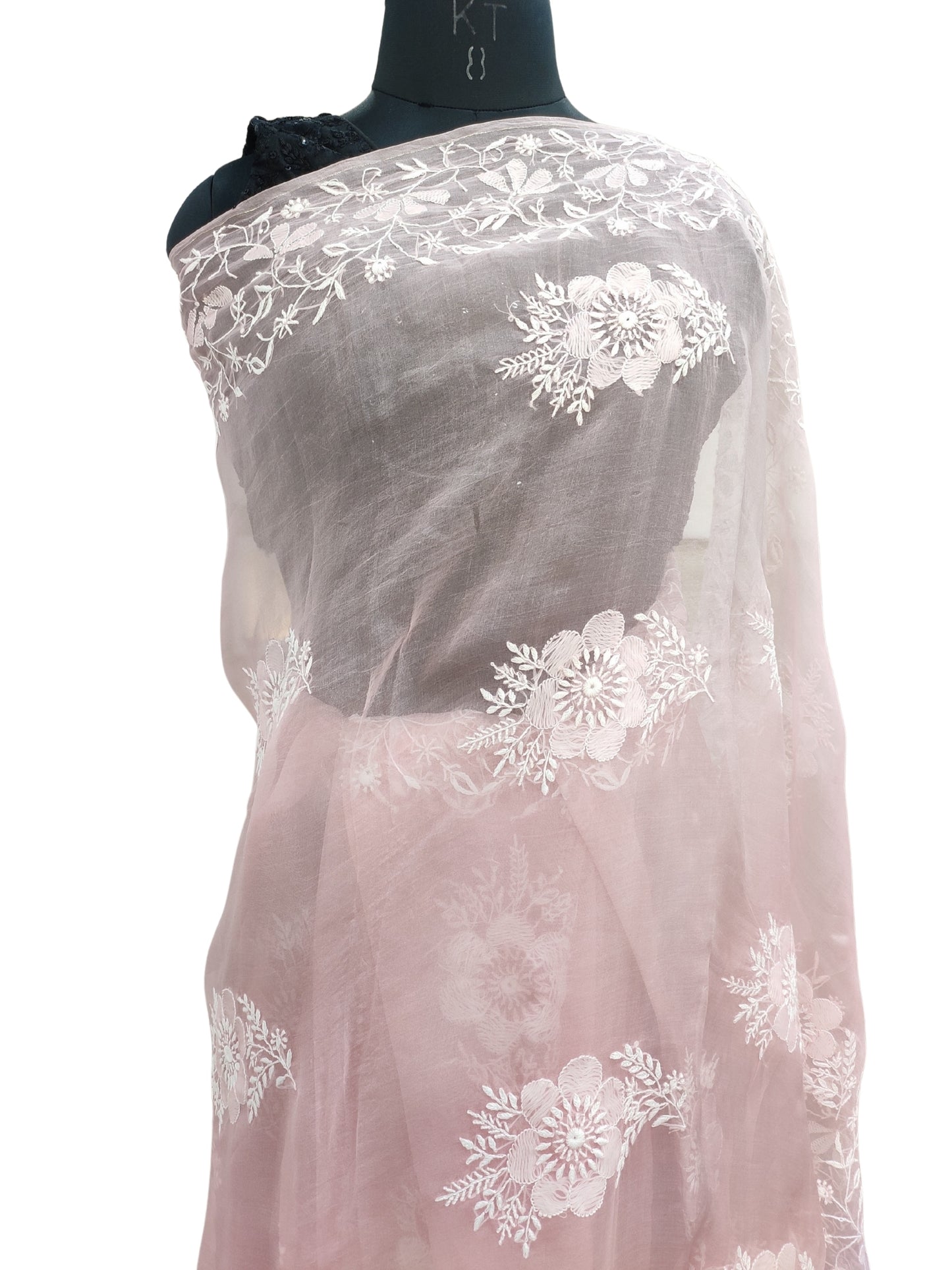 Shyamal Chikan Hand Embroidered Peach Pure Organza Lucknowi Chikankari Saree With Blouse Piece - S25013