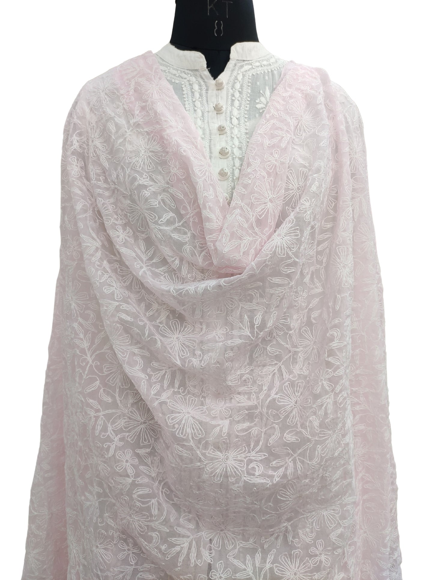Shyamal Chikan Hand Embroidered Light Pink Georgette Lucknowi Chikankari Dupatta - S19654