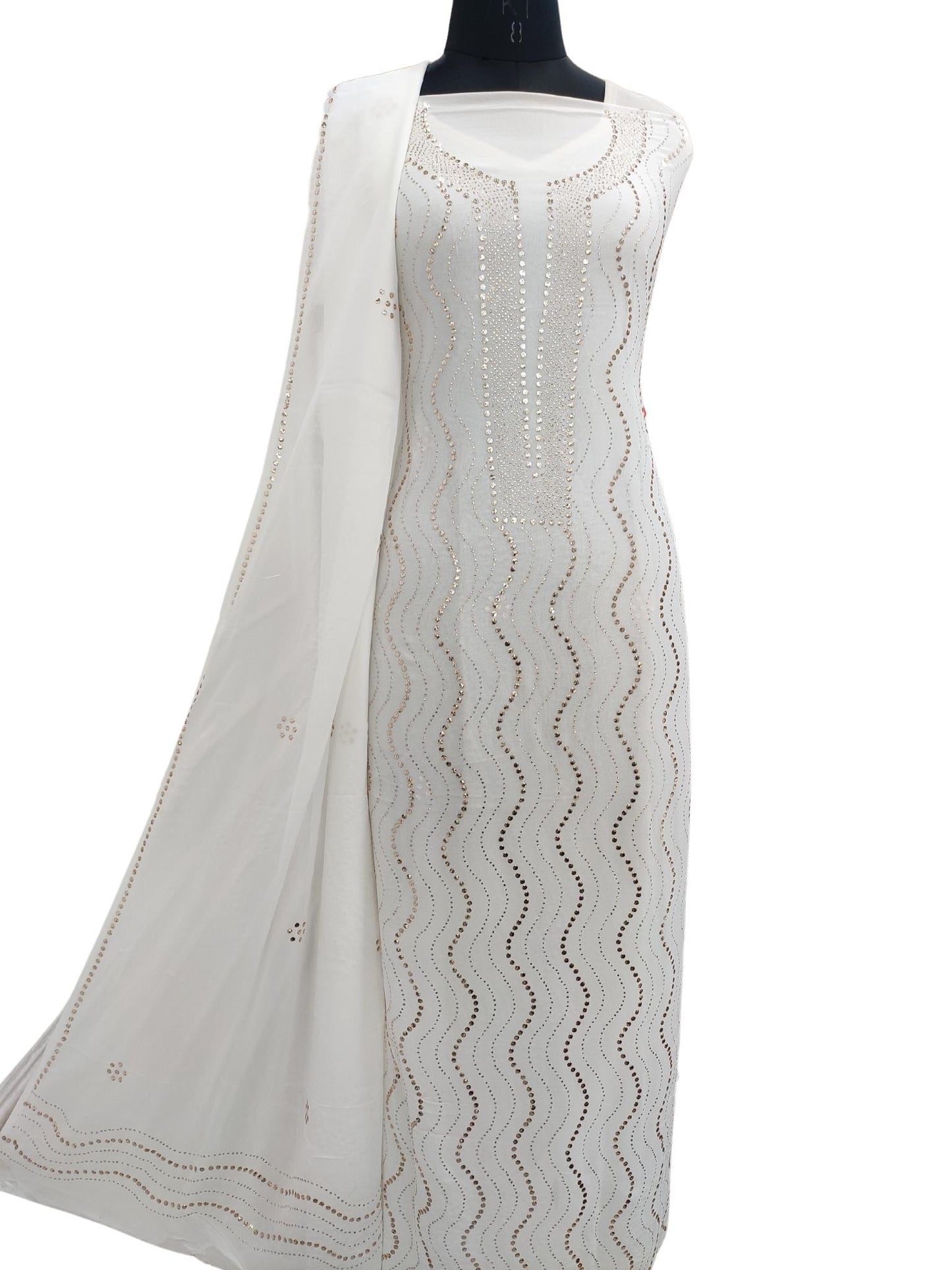 Shyamal Chikan Hand Embroidered White HQ Viscose Georgette Unstitched Suit Piece With Mukaish Work ( Set of 2 ) - S19925