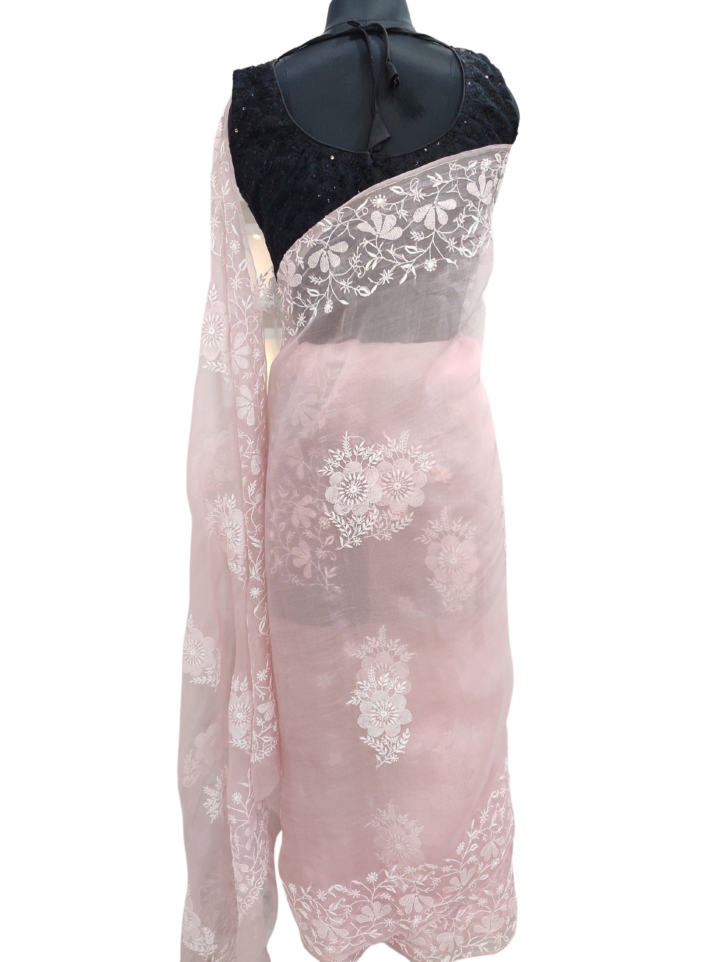 Shyamal Chikan Hand Embroidered Peach Pure Organza Lucknowi Chikankari Saree With Blouse Piece - S25013