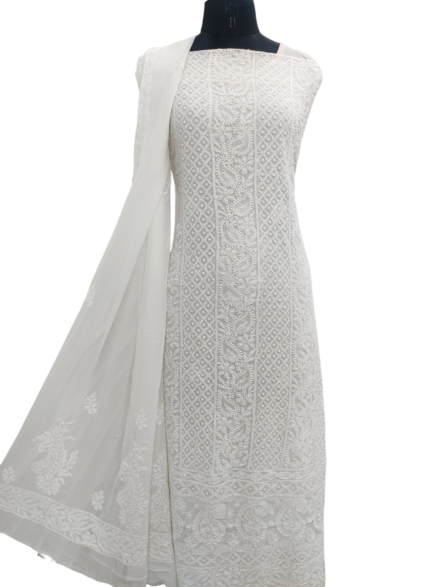 Shyamal Chikan Hand Embroidered white Viscose Georgette Lucknowi Chikankari Unstitched Suit Piece With Pearl Work ( Kurta Dupatta Set ) - S20465