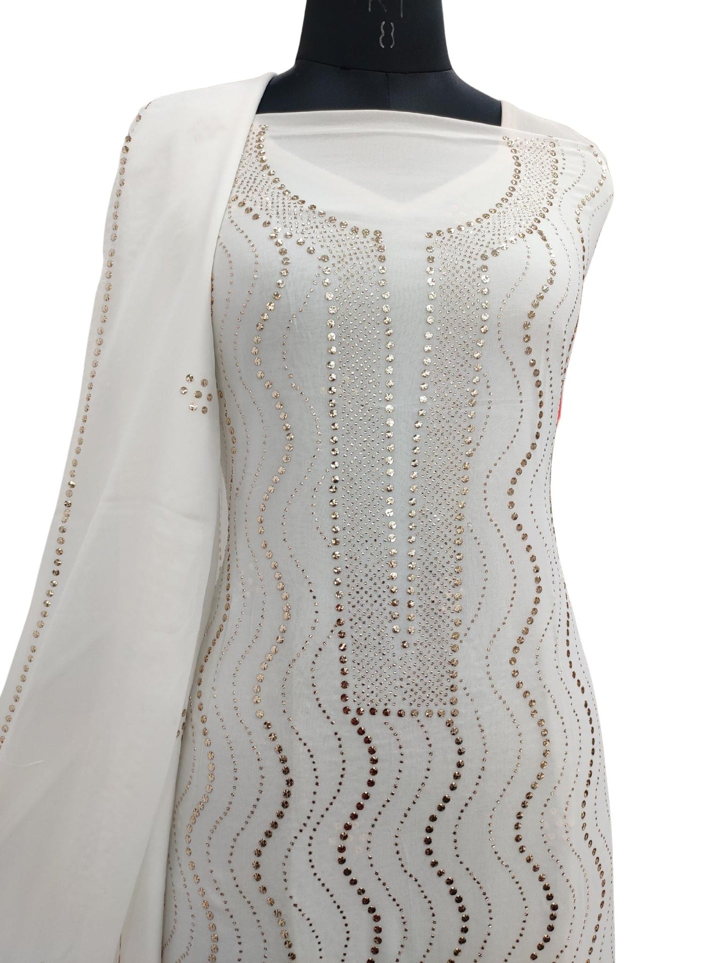 Shyamal Chikan Hand Embroidered White HQ Viscose Georgette Unstitched Suit Piece With Mukaish Work ( Kurta Dupatta Set ) - S19925