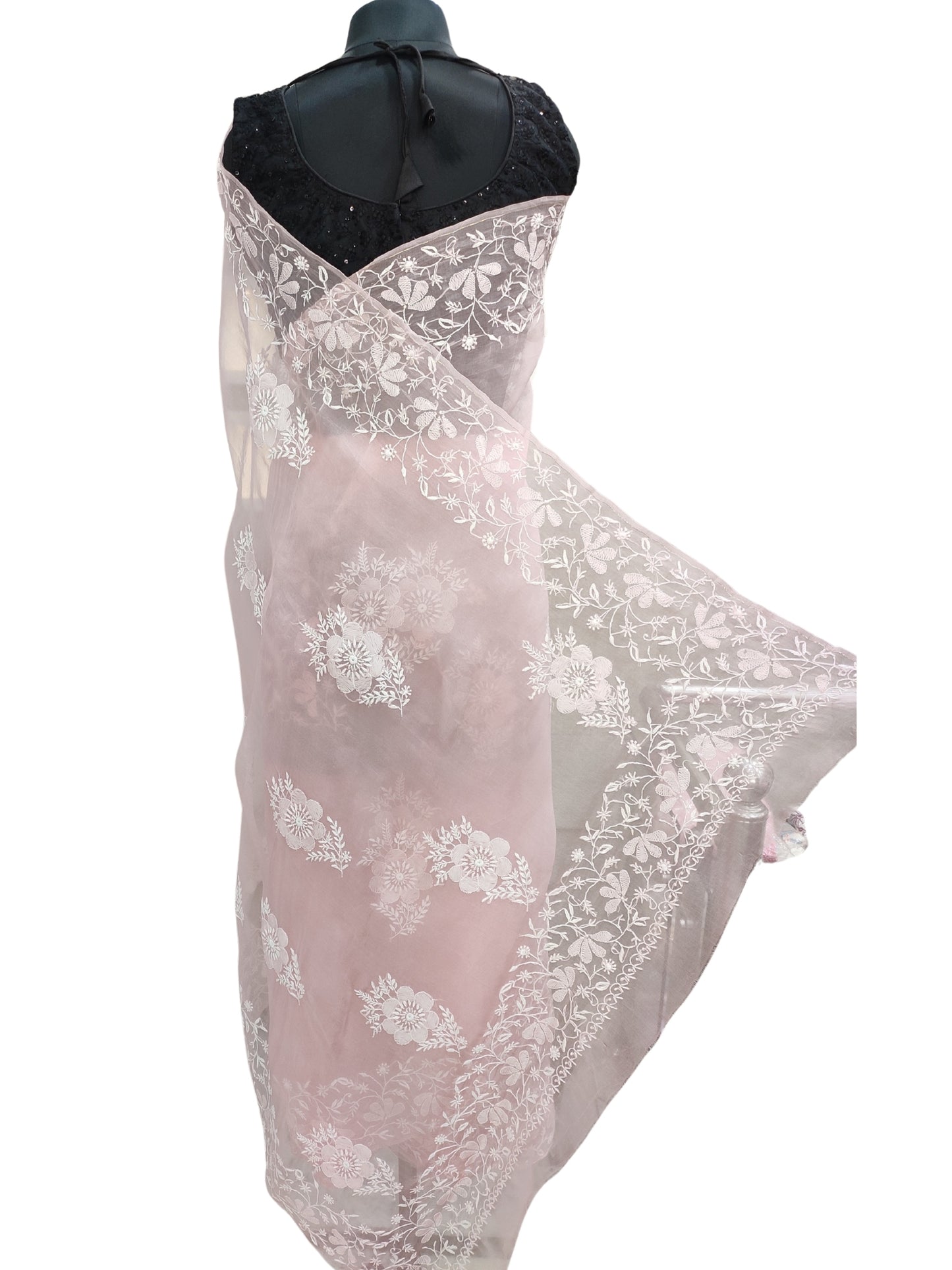 Shyamal Chikan Hand Embroidered Peach Pure Organza Lucknowi Chikankari Saree With Blouse Piece - S25013
