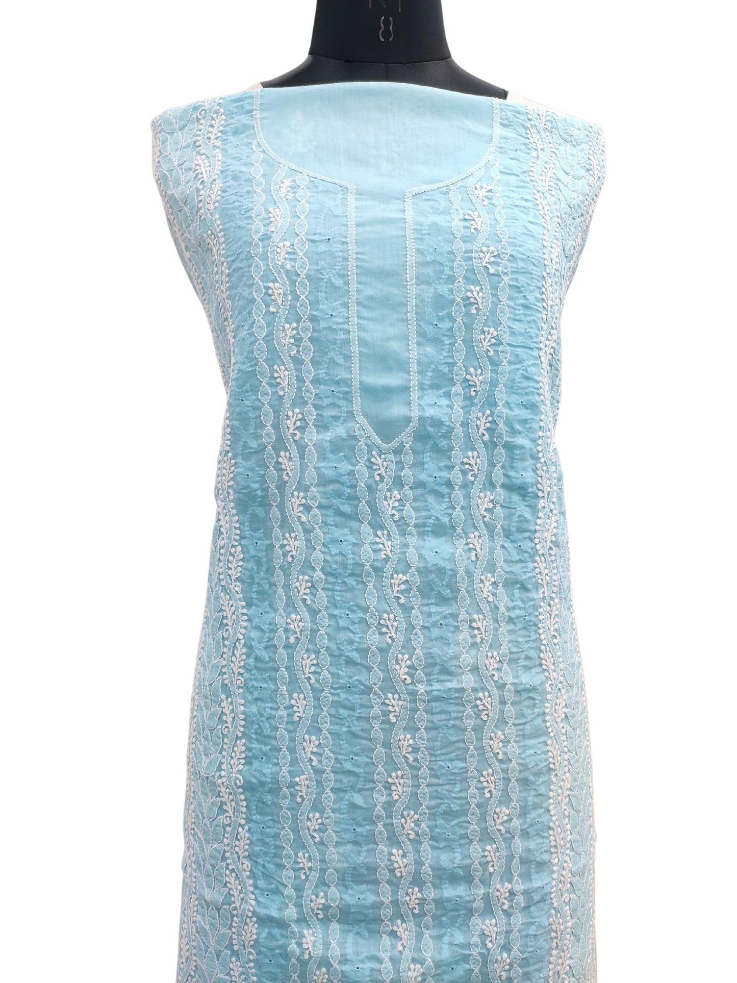 Shyamal Chikan Hand Embroidered Blue Cotton Lucknowi Chikankari Unstitched Kurta Piece With Daraz Work - S20550