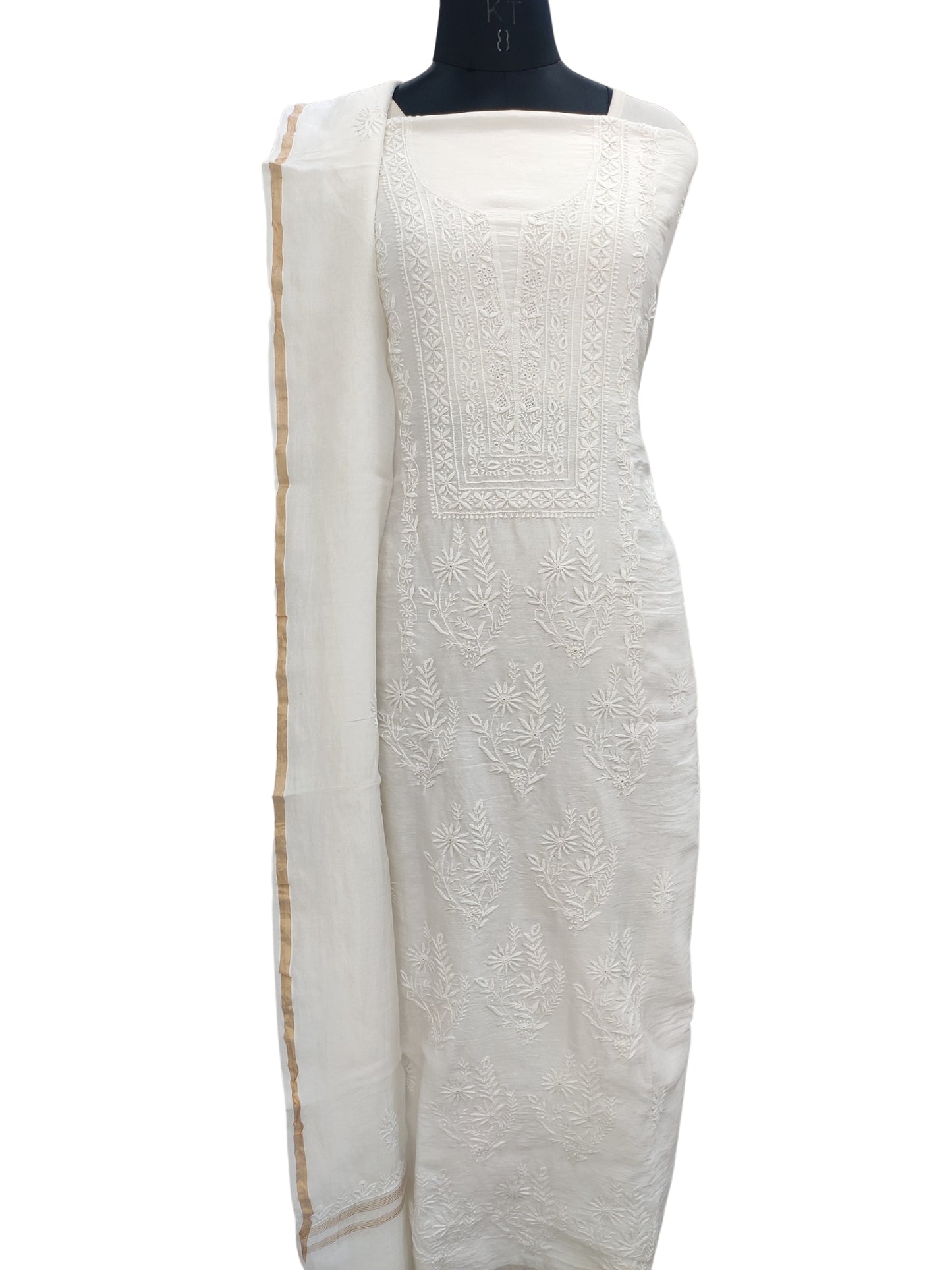 Shyamal Chikan Hand Embroidered White Pure Chanderi Silk Lucknowi Chikankari Unstitched Suit Piece ( Set of 2 ) - S19311