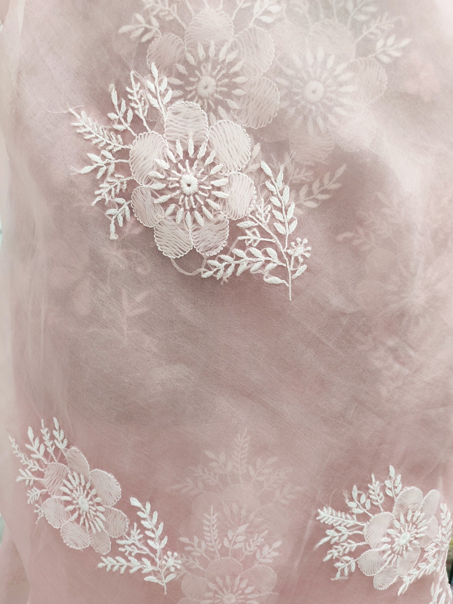 Shyamal Chikan Hand Embroidered Peach Pure Organza Lucknowi Chikankari Saree With Blouse Piece - S25013